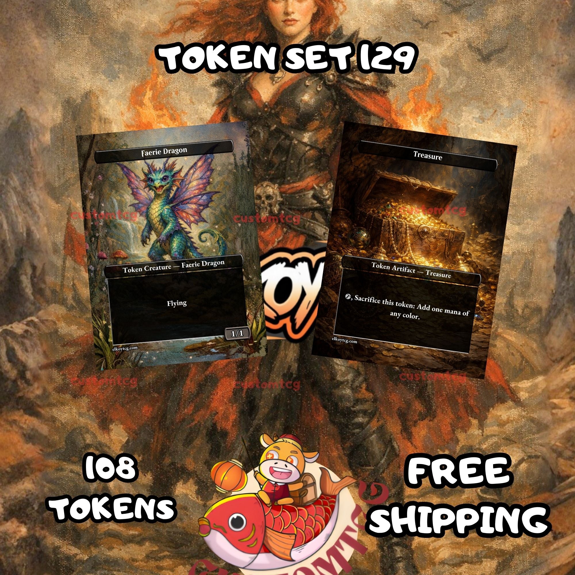 Token Set 129 - 108 Custom MTG Token Cards - Faerie Dragon and Treasure