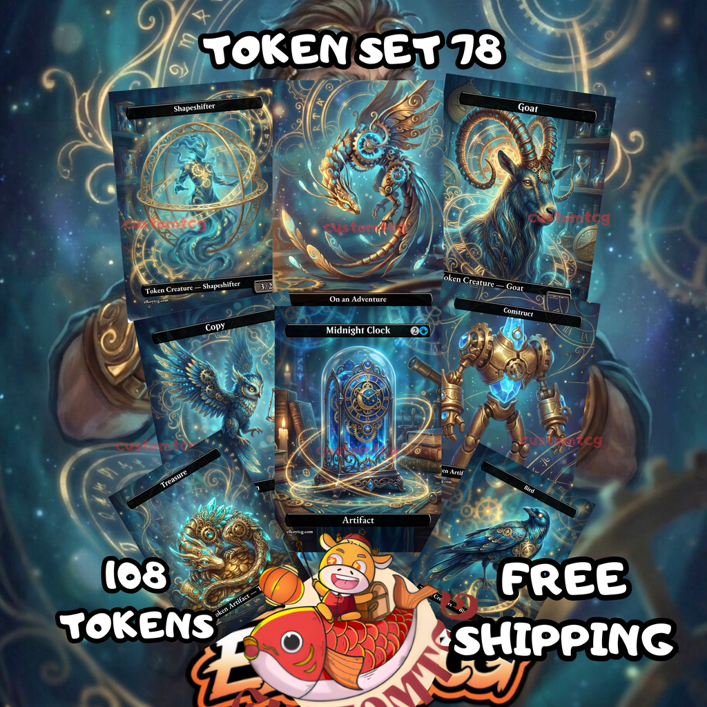 Token Set 78 – 108 Tokens for MTG  (Midnight Clock, Treasure, Construct, Copy, Goat & More)