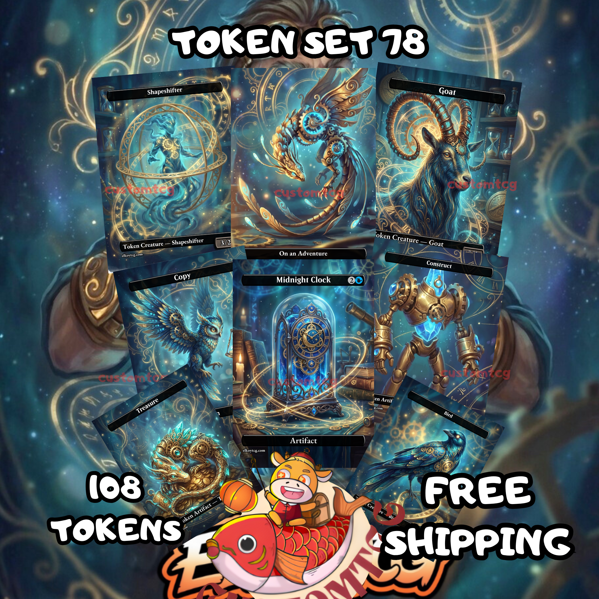 Token Set 78 – 108 Tokens for MTG  (Midnight Clock, Treasure, Construct, Copy, Goat & More)