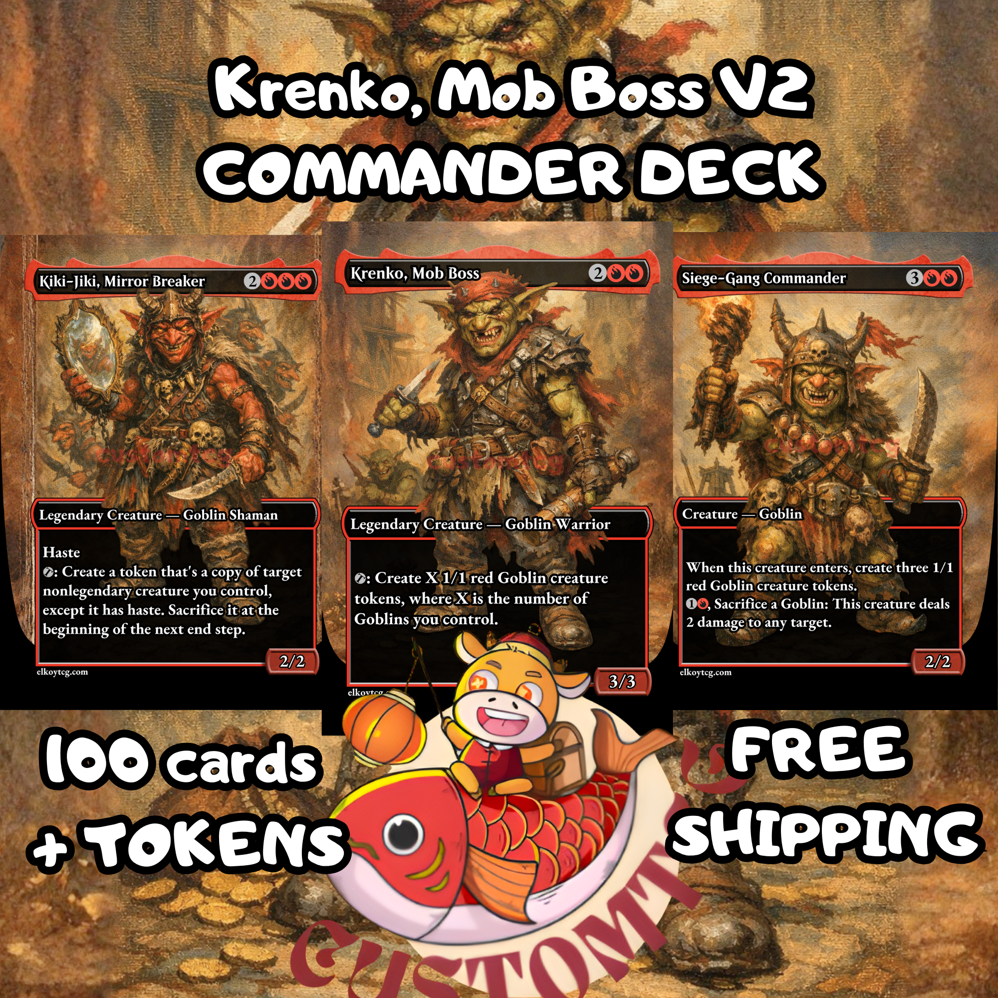 Krenko, Mob Boss V2 Custom Commander Deck — Goblin Tribal | Mono Red | Fantasy Art Proxy Deck
