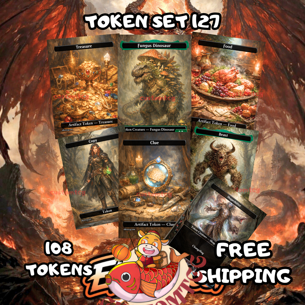 Token Set 127 – 108 Tokens (Treasure, Clue, Food, Shapeshifter, Beast, Fungus Dinosaur, Copy)
