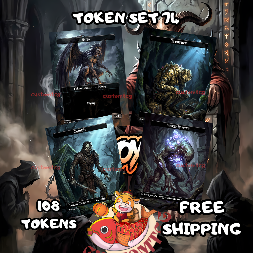 Token Set 74 – 108 MTG Tokens (Zombie, Harpy, Treasure, Energy Reserve)