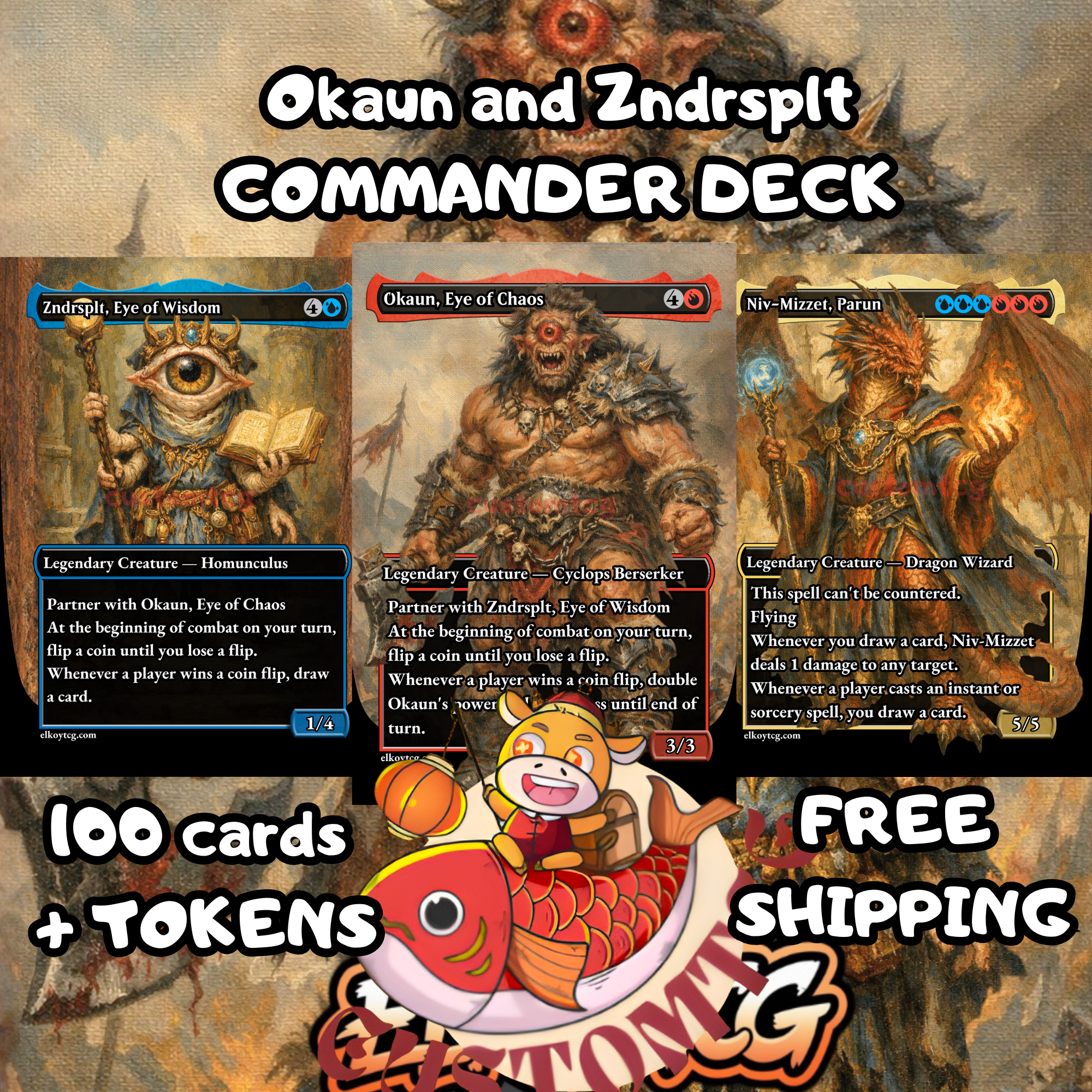 Okaun & Zndrsplt Custom Commander Deck — Coin Flip Chaos | Izzet | Fantasy Art Proxy Deck