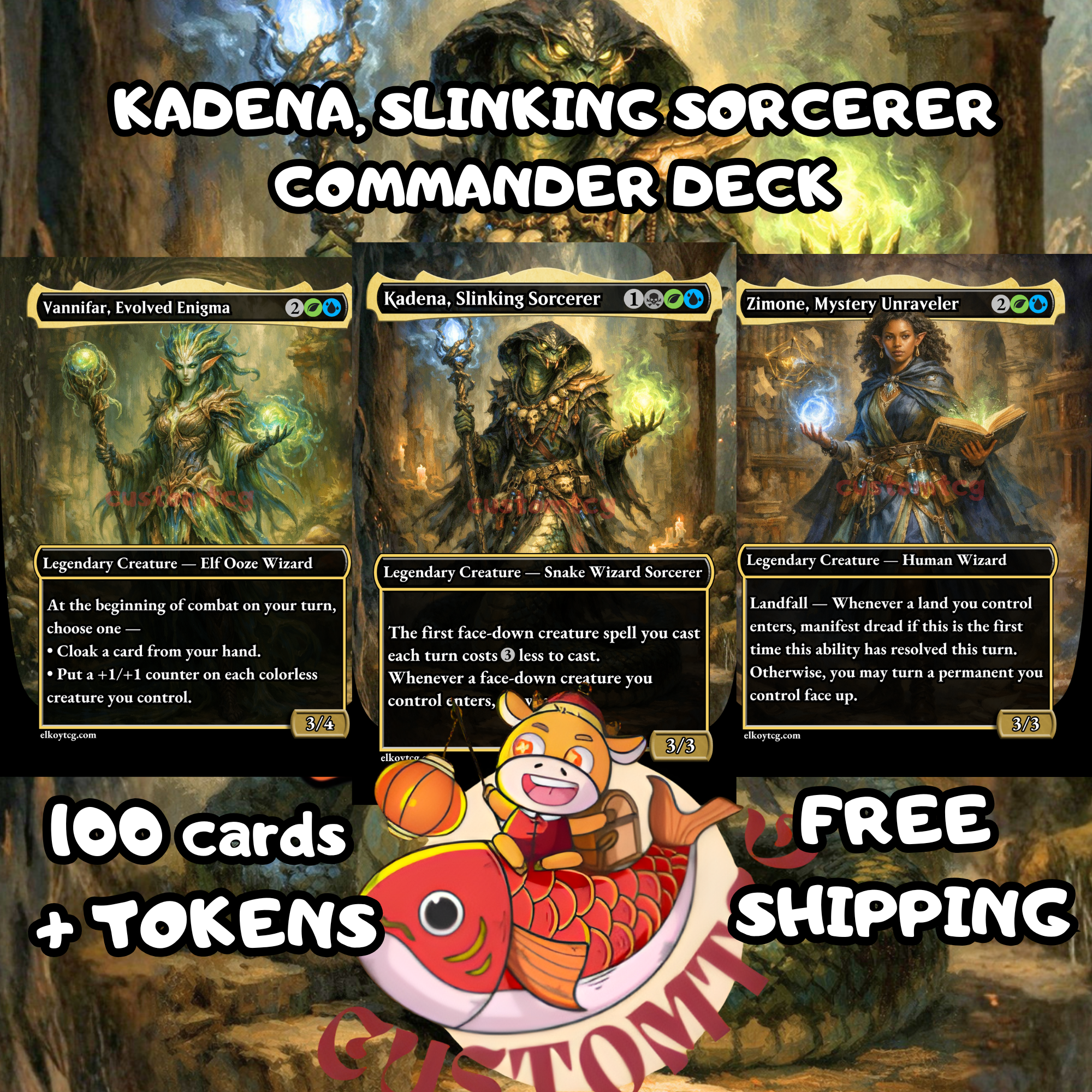 Kadena Slinking Sorcerer Commander Deck | 100 Custom Cards + Tokens | Dark Fantasy Art | Sultai Morph Combo