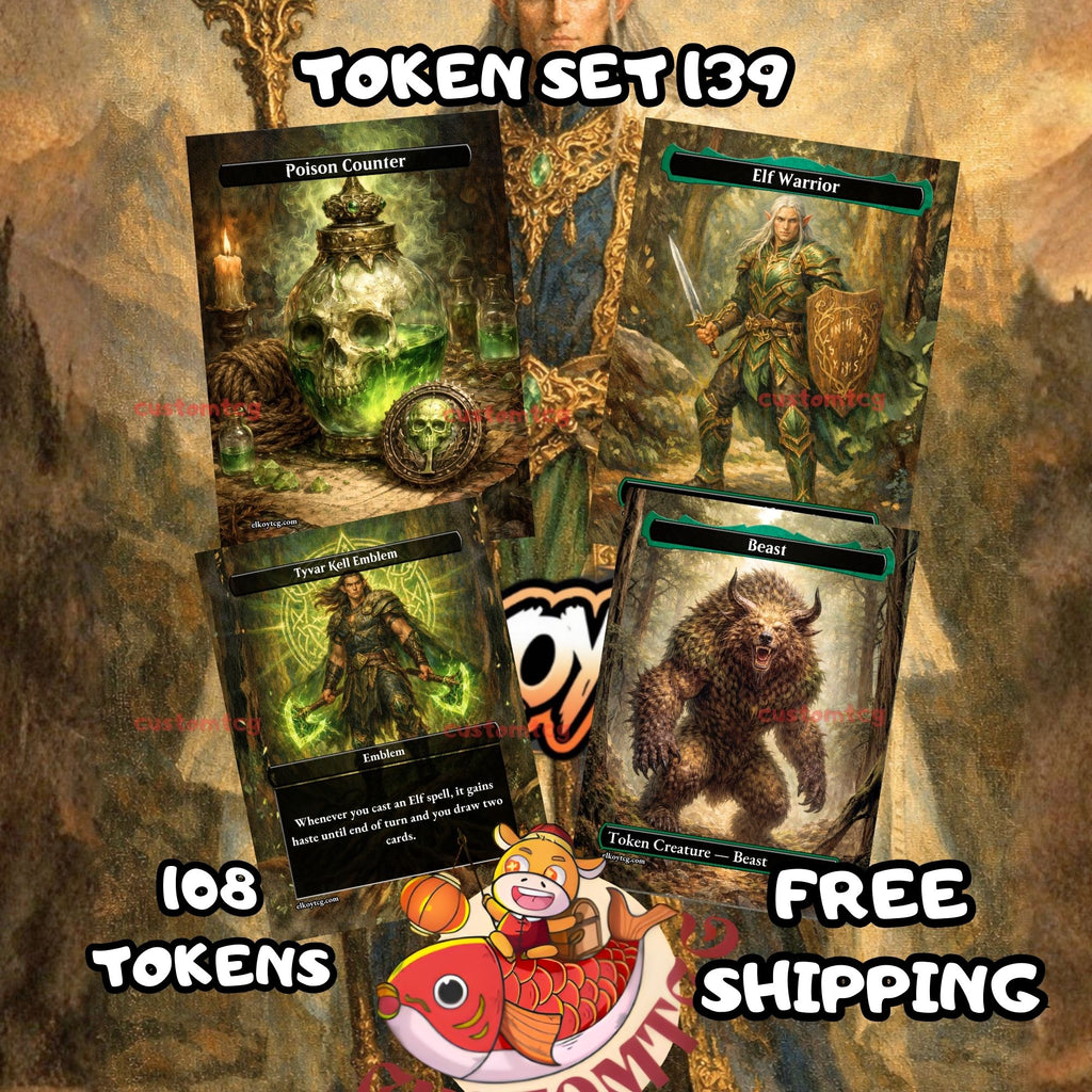 Token Set 139 - 108 Custom MTG Token Cards - Poison Counter, Elf Warrior, Tyvar Kell Emblem and Beast