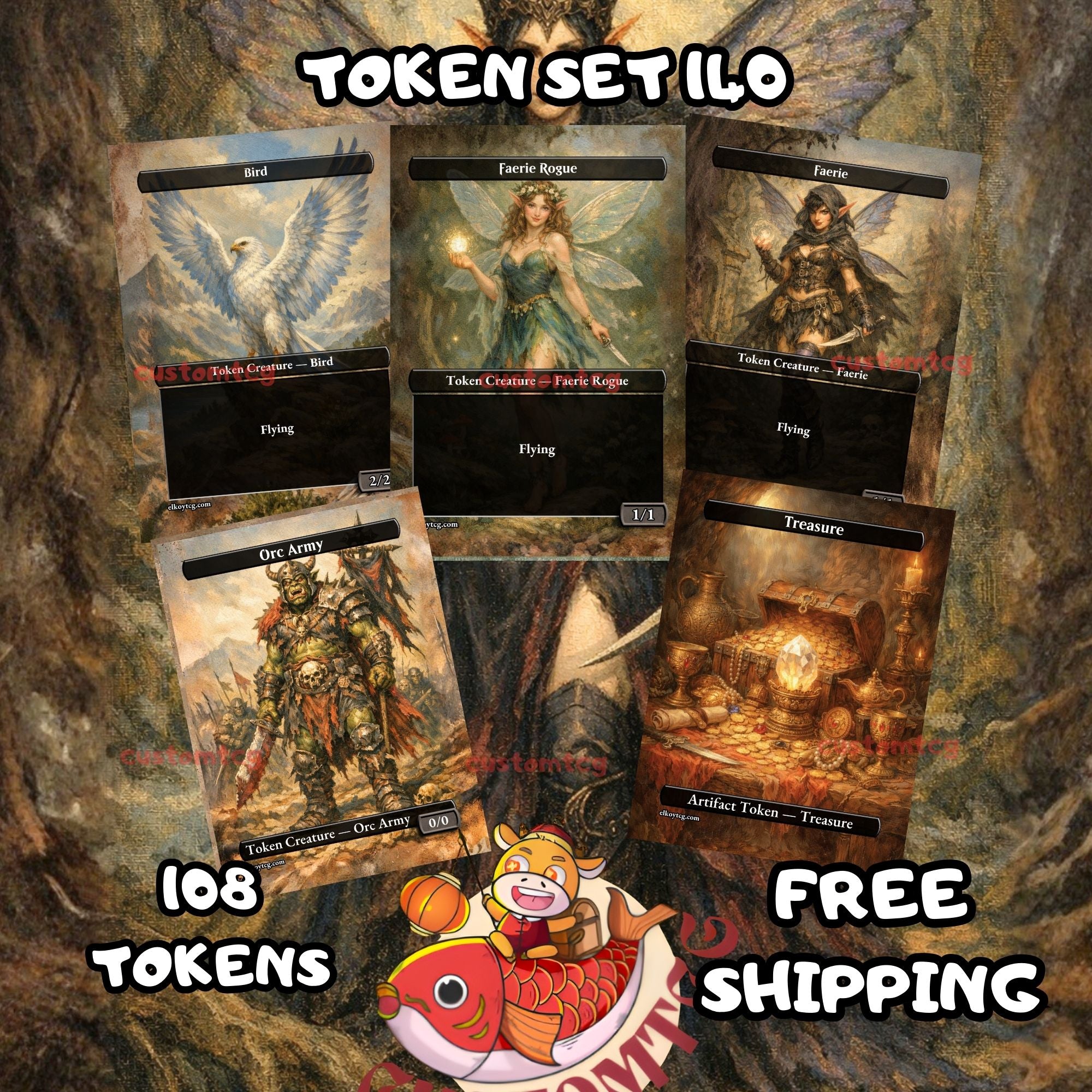 Token Set 140 - 108 Custom MTG Token Cards - Bird, Faerie Rogue, Faerie, Orc Army and Treasure