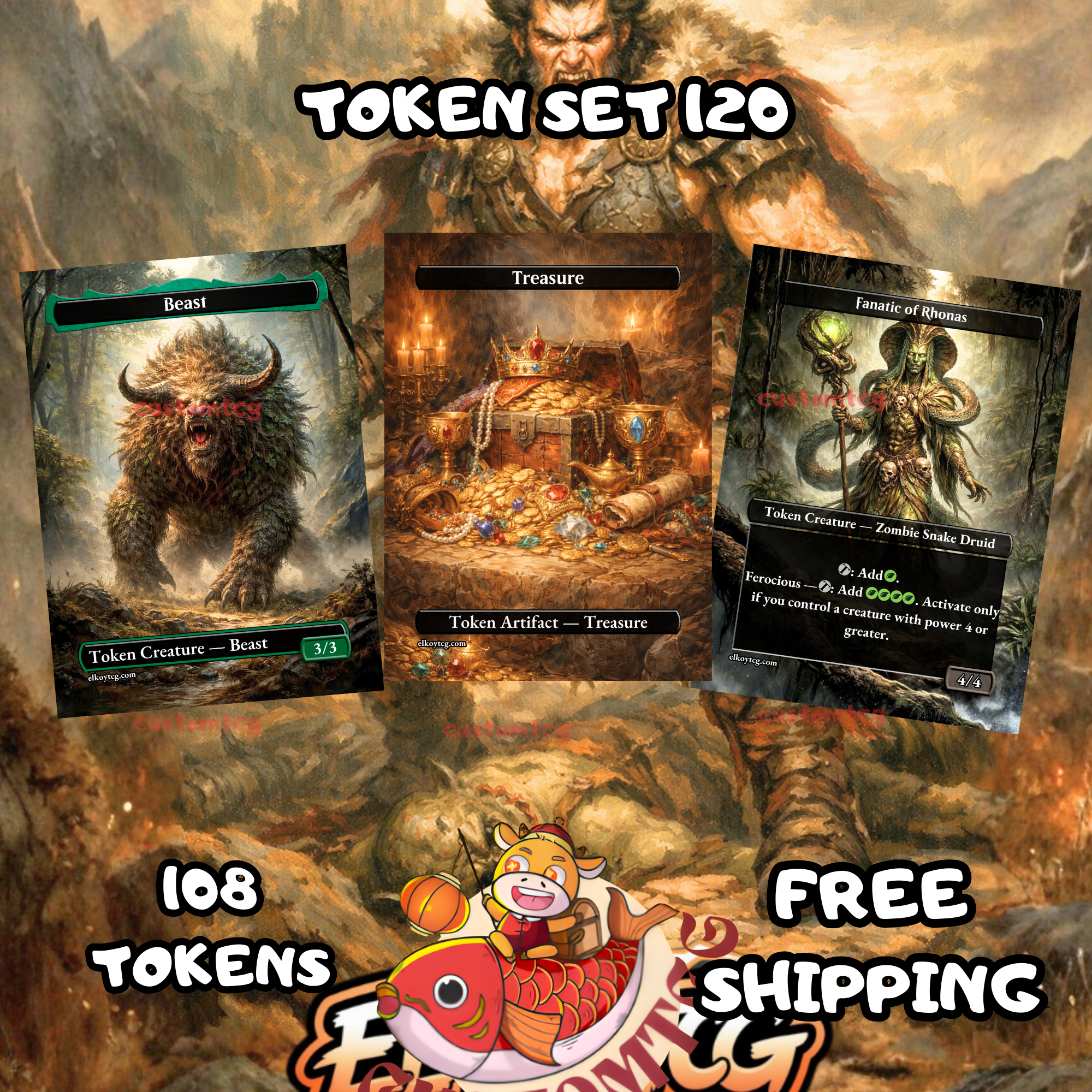 Token Set 120– 108 Custom MTG Tokens (Elf Warrior, Snake, Scarecrow, Insect, Poison Counter & Treasure)