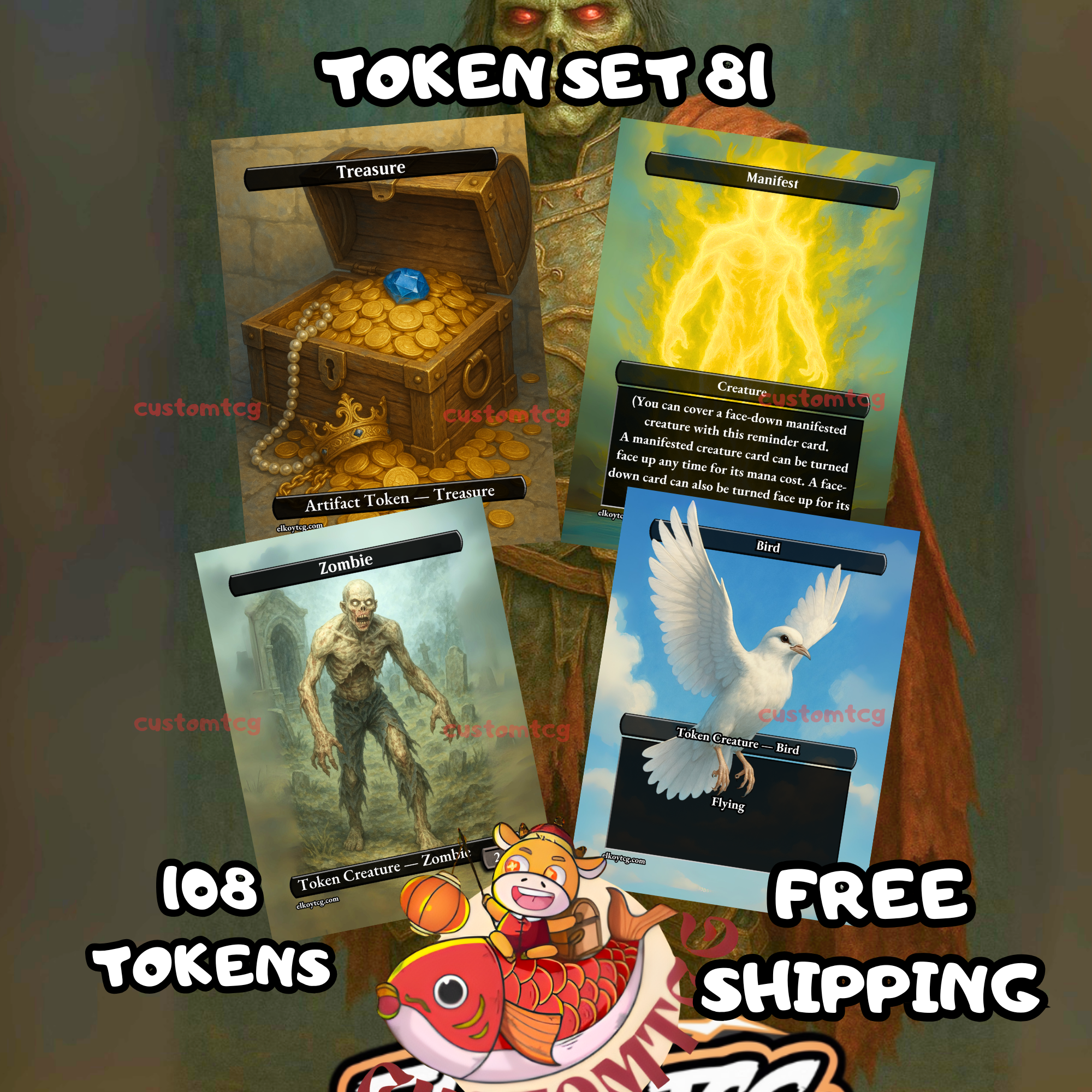 Token Set 81 – 108 MTG Tokens (Treasure, Zombie, Bird, Manifest)