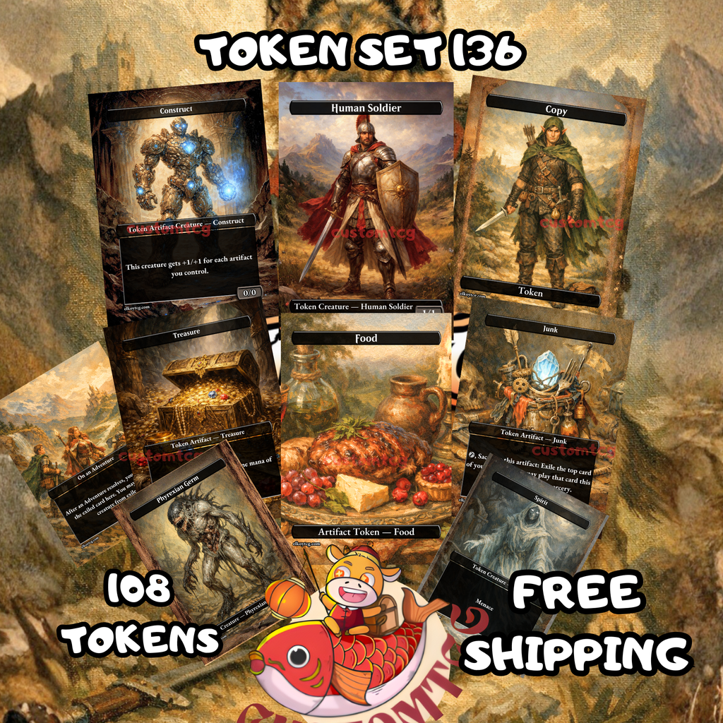 Token Set 136 - 108 Custom MTG Token Cards - Construct, Human Soldier, Copy, Treasure, Food, Junk, On an Adventure, Phyrexian Germ and Spirit
