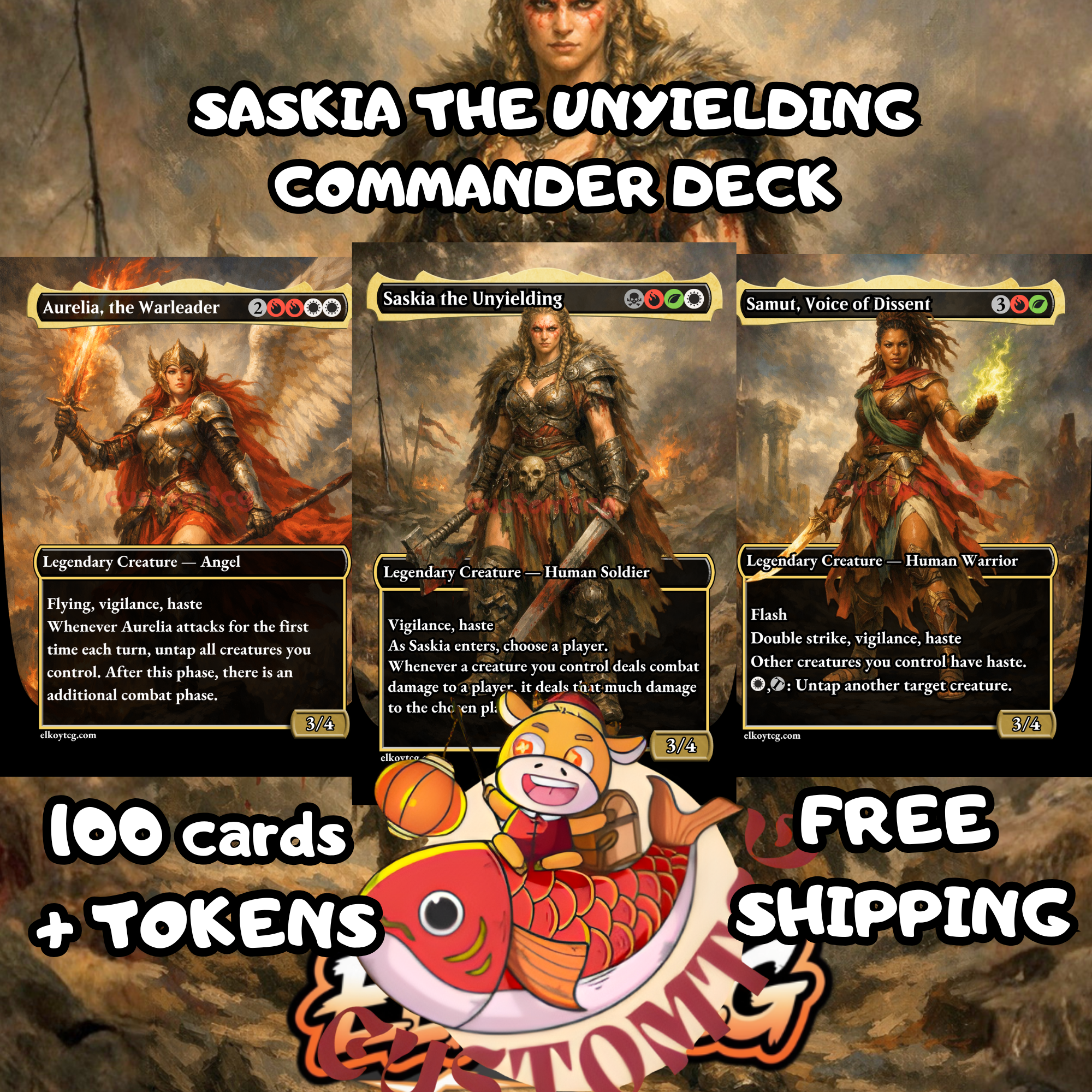 Saskia the Unyielding Custom Commander Deck – 100 Cards + Tokens | 4-Color Warriors | Fantasy Art | Unique Card Designs