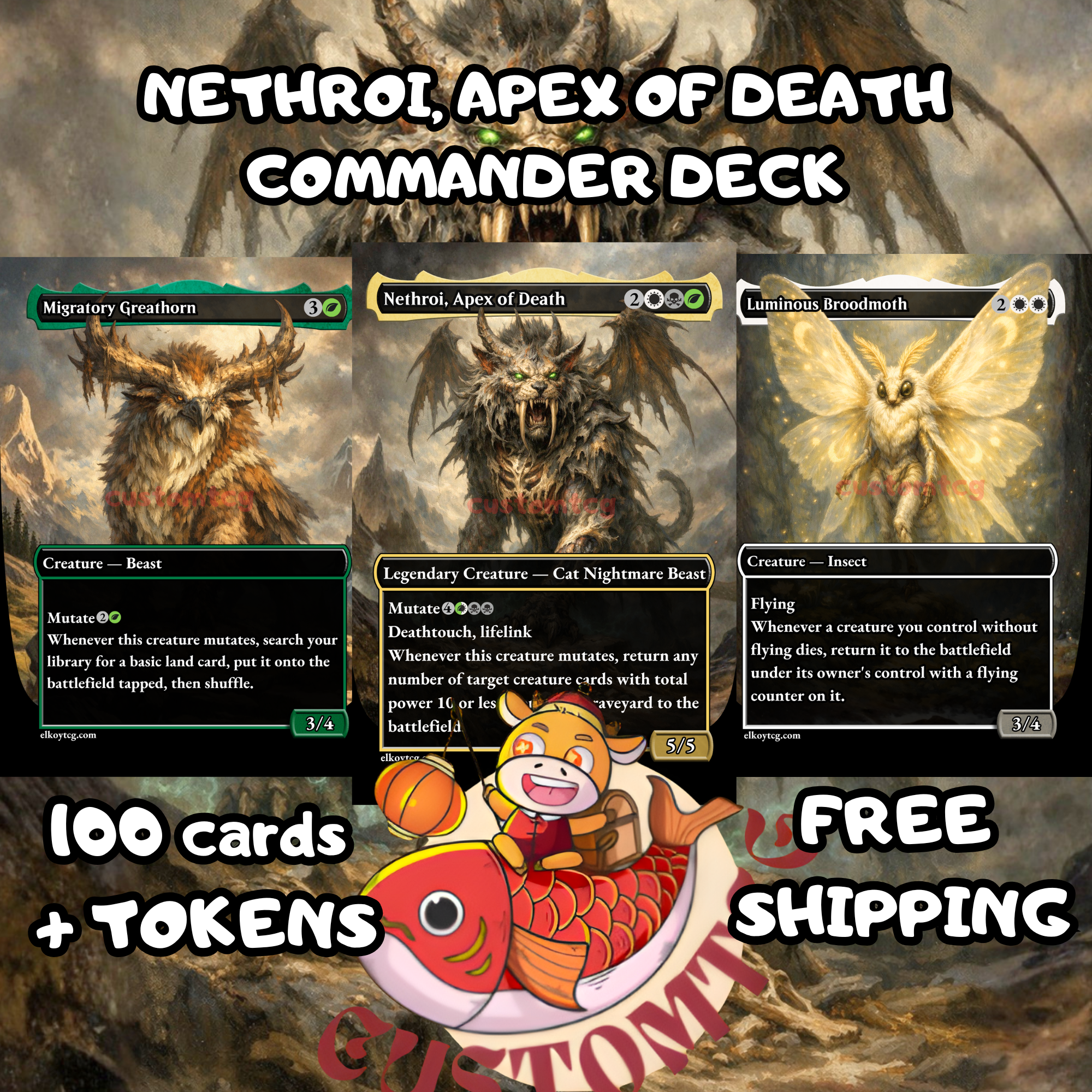 Nethroi Apex of Death Commander Deck | 100 Custom Cards + Tokens | Fantasy Art | Mutate Graveyard Abzan White Black Green Deck