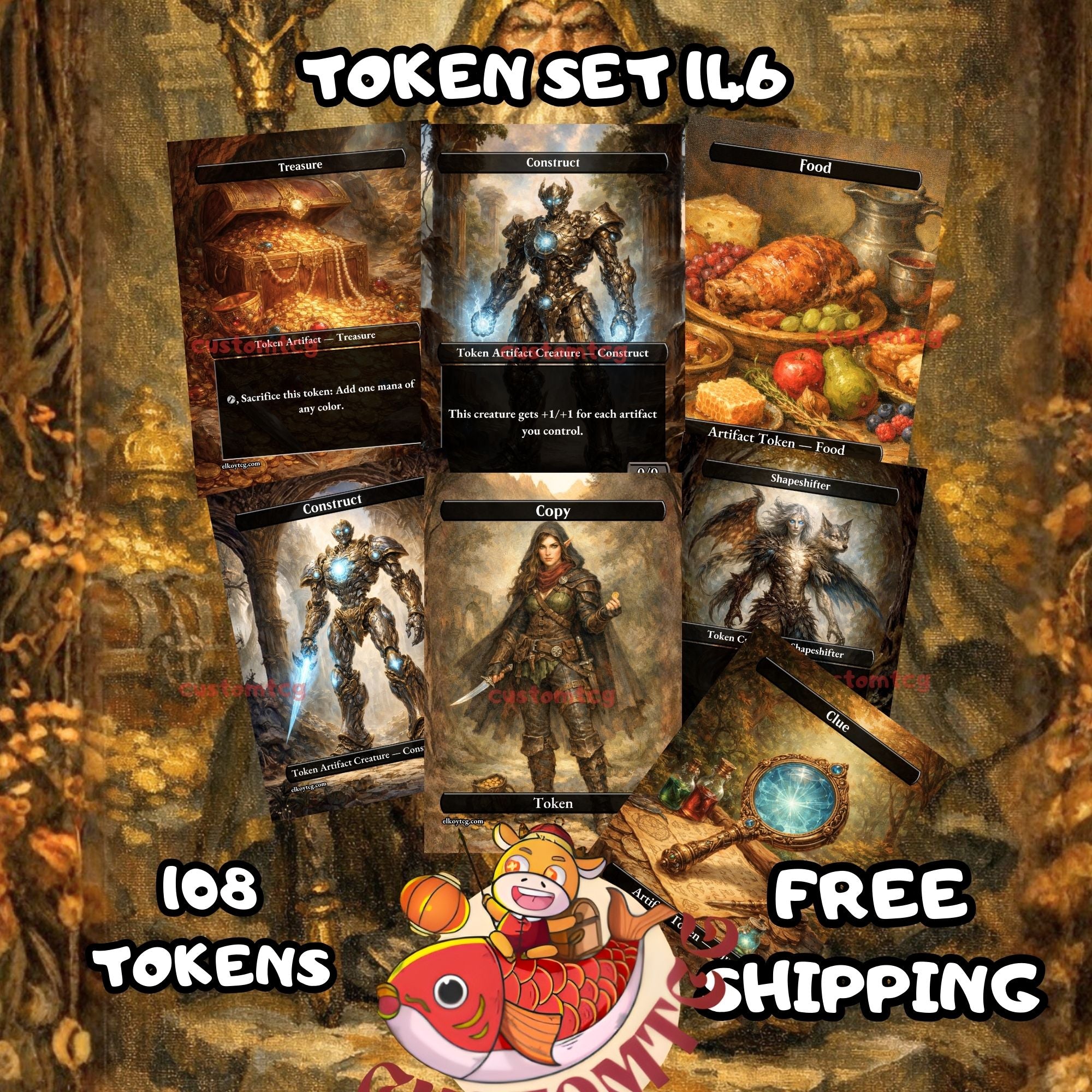 Token Set 146 - 108 Custom MTG Token Cards - Clue, Treasure, Construct, Food, Copy and Shapeshifter