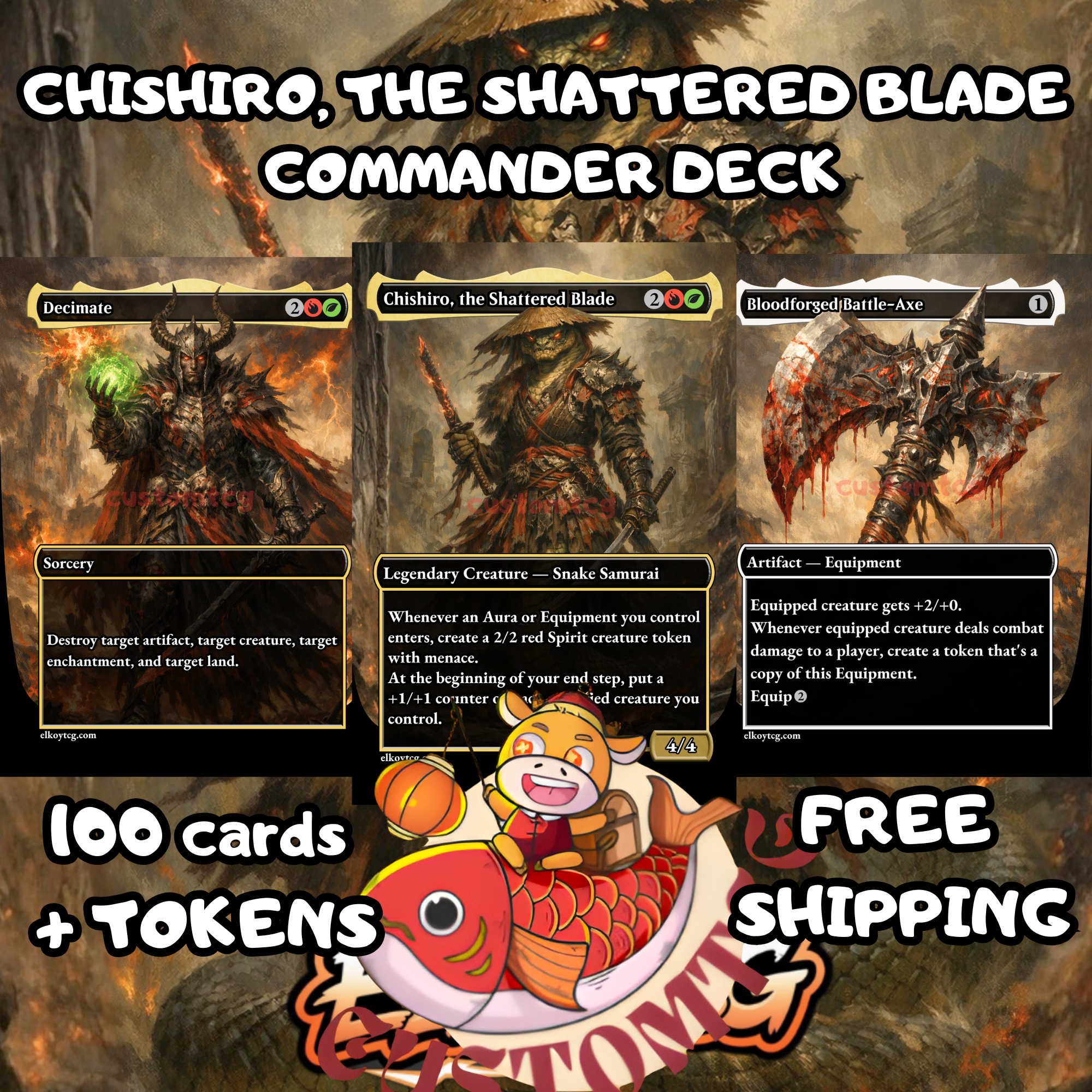 Chishiro the Shattered Blade Custom Commander Deck – 100 Cards + Tokens | +1/+1 Counters & Equipment | Fantasy Art | Unique Card Designs