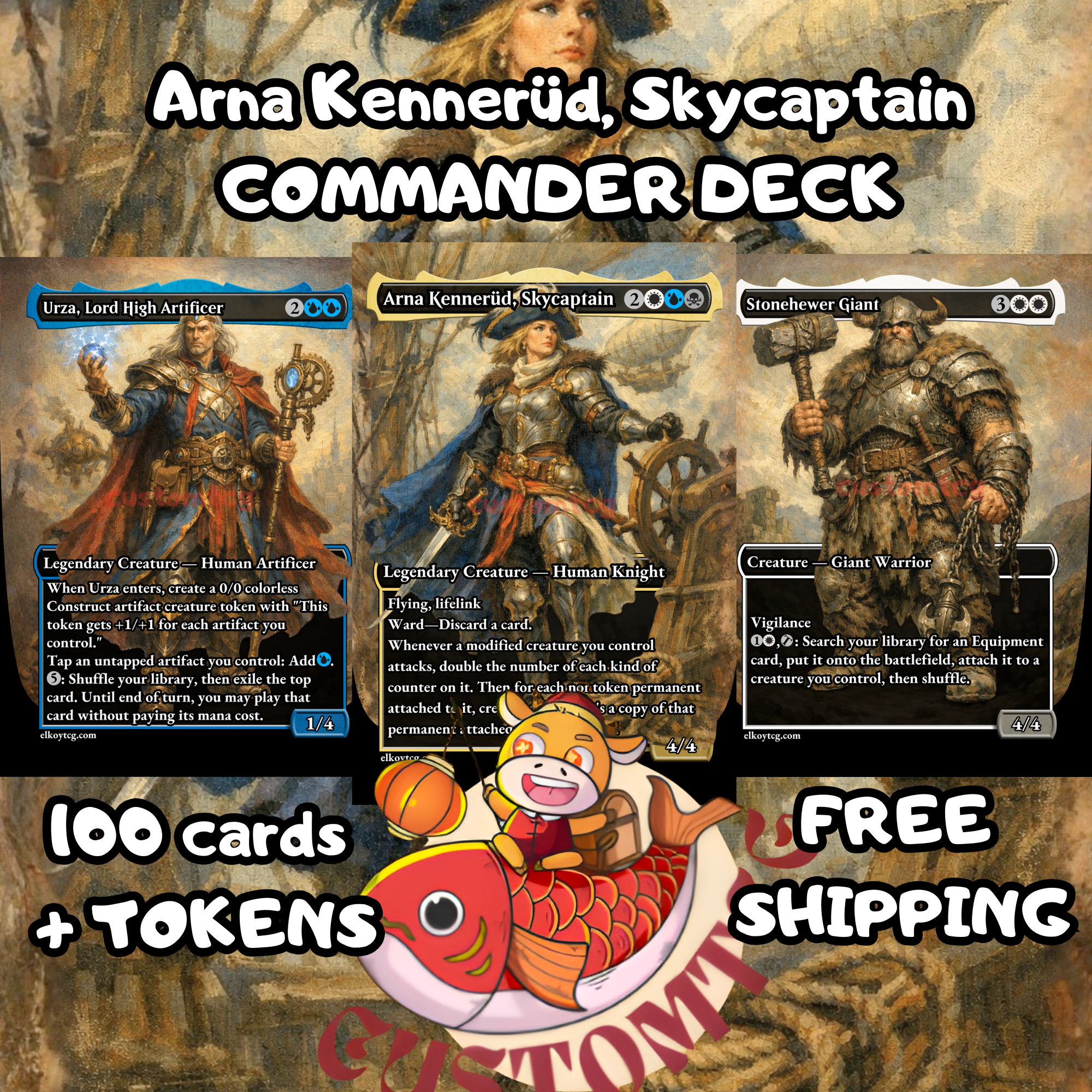 Arna Kennerud, Skycaptain Custom Commander Deck — Equipment and Auras Voltron | Esper | Fantasy Art Proxy Deck