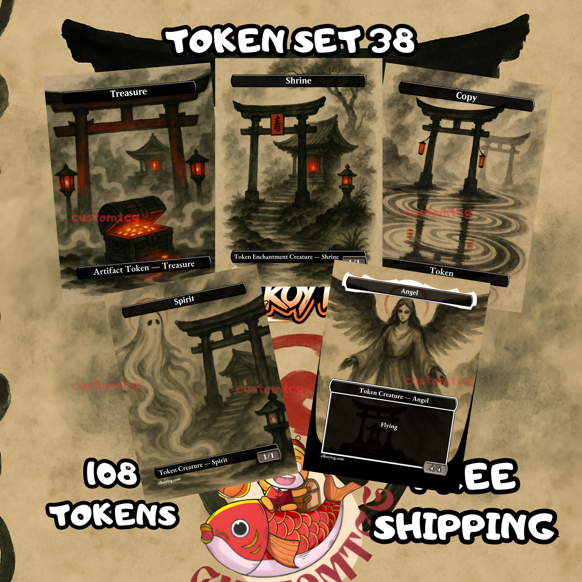 Token Set 38 — Japanese Ink Wash Spirits & Shrines (108 Tokens)
