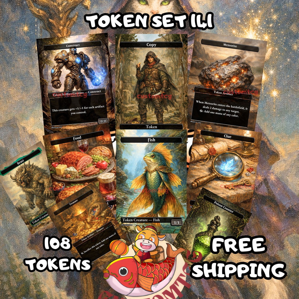 Token Set 141 - 108 Custom MTG Token Cards - Treasure, Beast, Poison Counter, Fish, Food, Clue, Construct, Copy and Meteorite