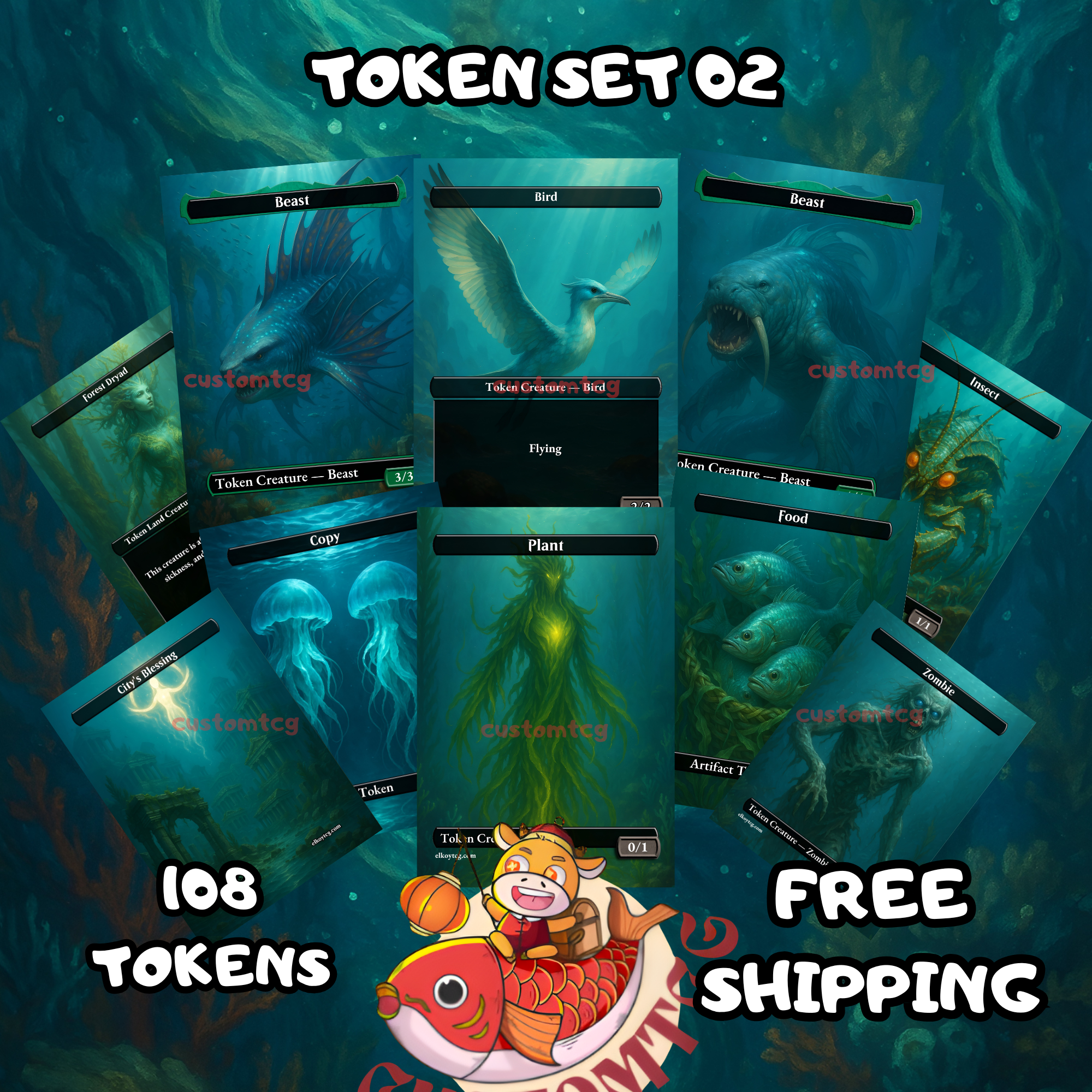 Token Set 02 – 108 MTG Tokens (Underwater Theme: Beasts, Zombies, Food, Treasure & More)