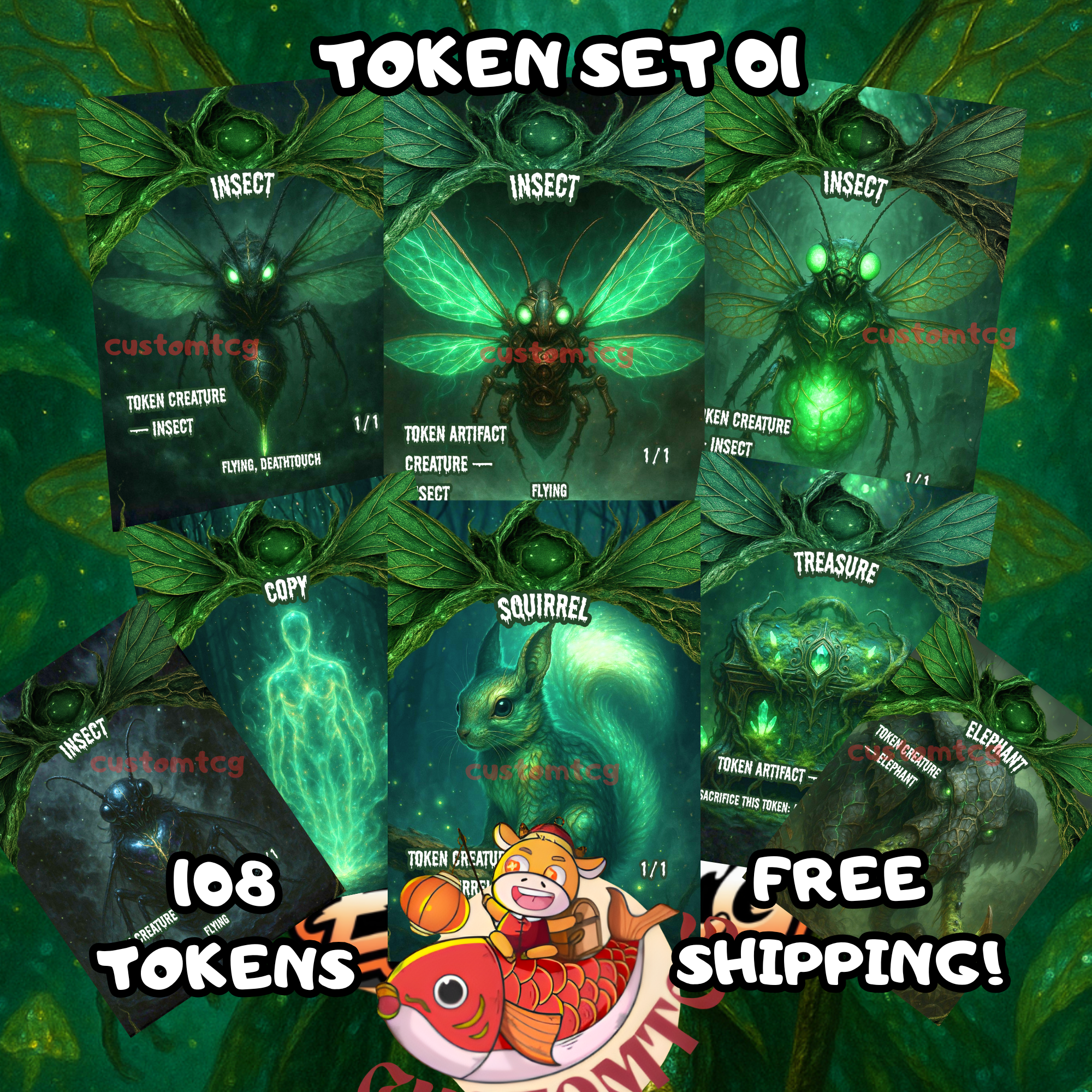 Token Set 01 – 108 MTG Tokens (Insects Swarm, Treasure, Copy, Squirrel, Elephant)