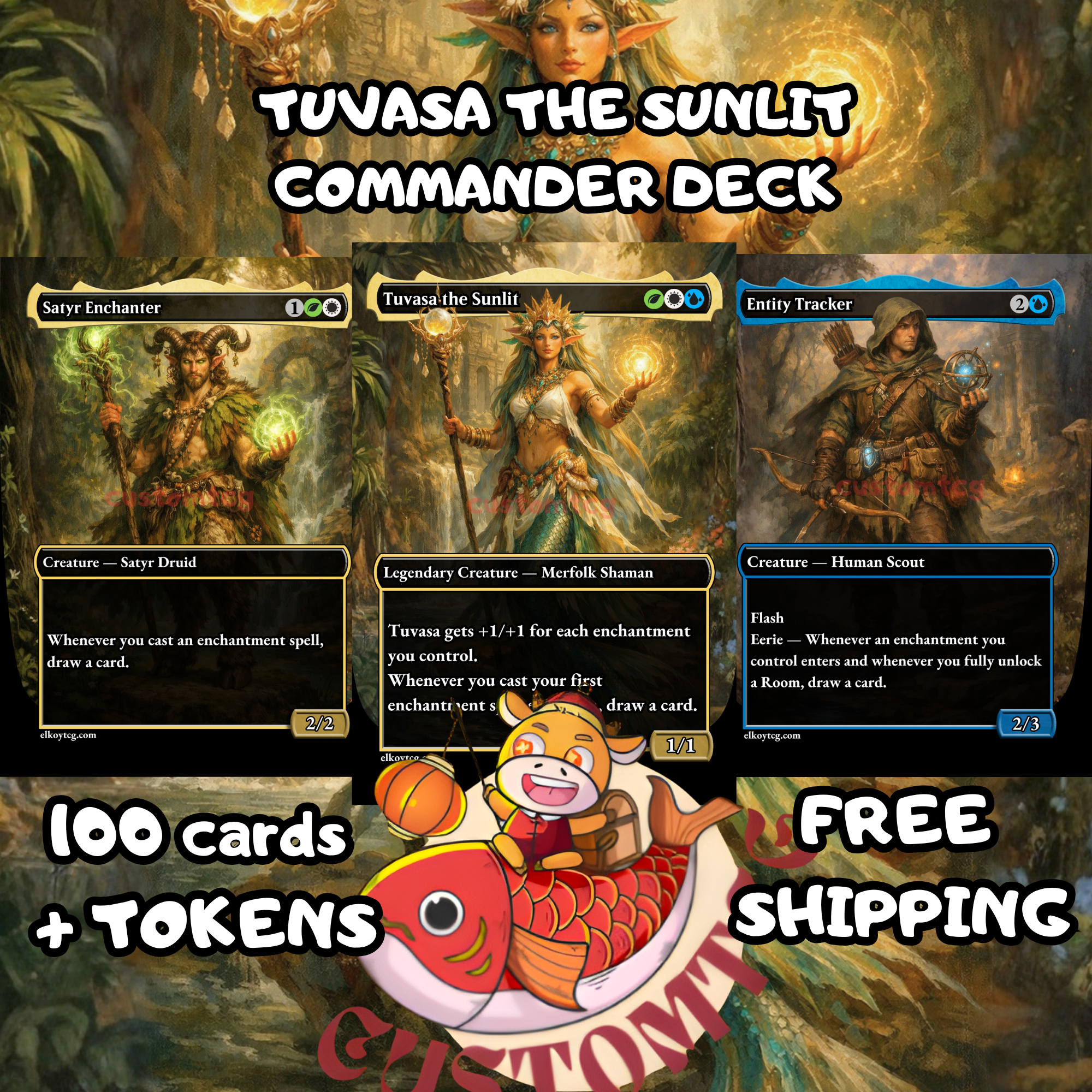 Tuvasa the Sunlit Commander Deck | 100 Custom Cards + Tokens | Fantasy Art | Enchantress Bant White Blue Green Deck