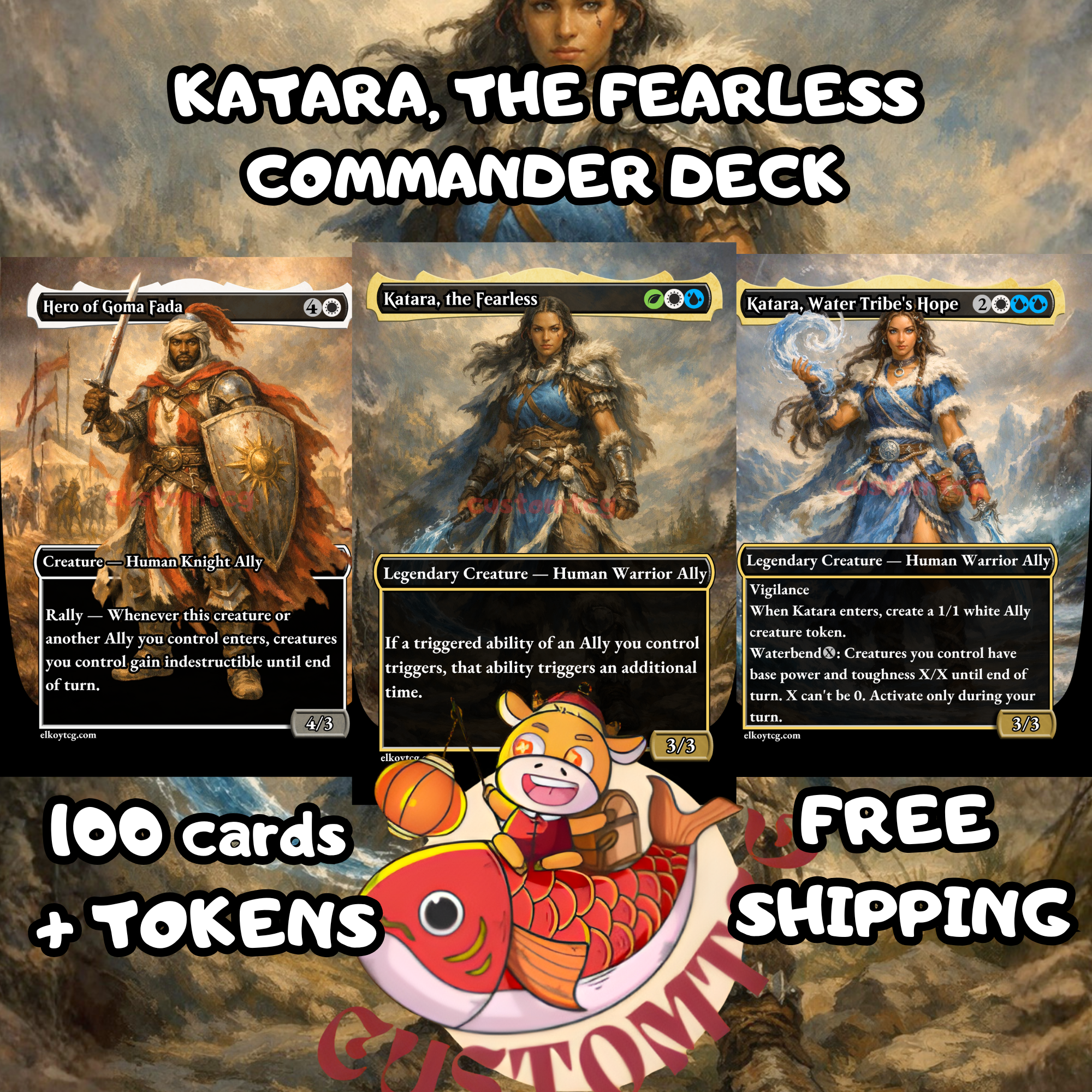 Katara the Fearless Custom Commander Deck – 100 Cards + Tokens | Avatar Allies Tribal | Fantasy Art | Unique Card Designs