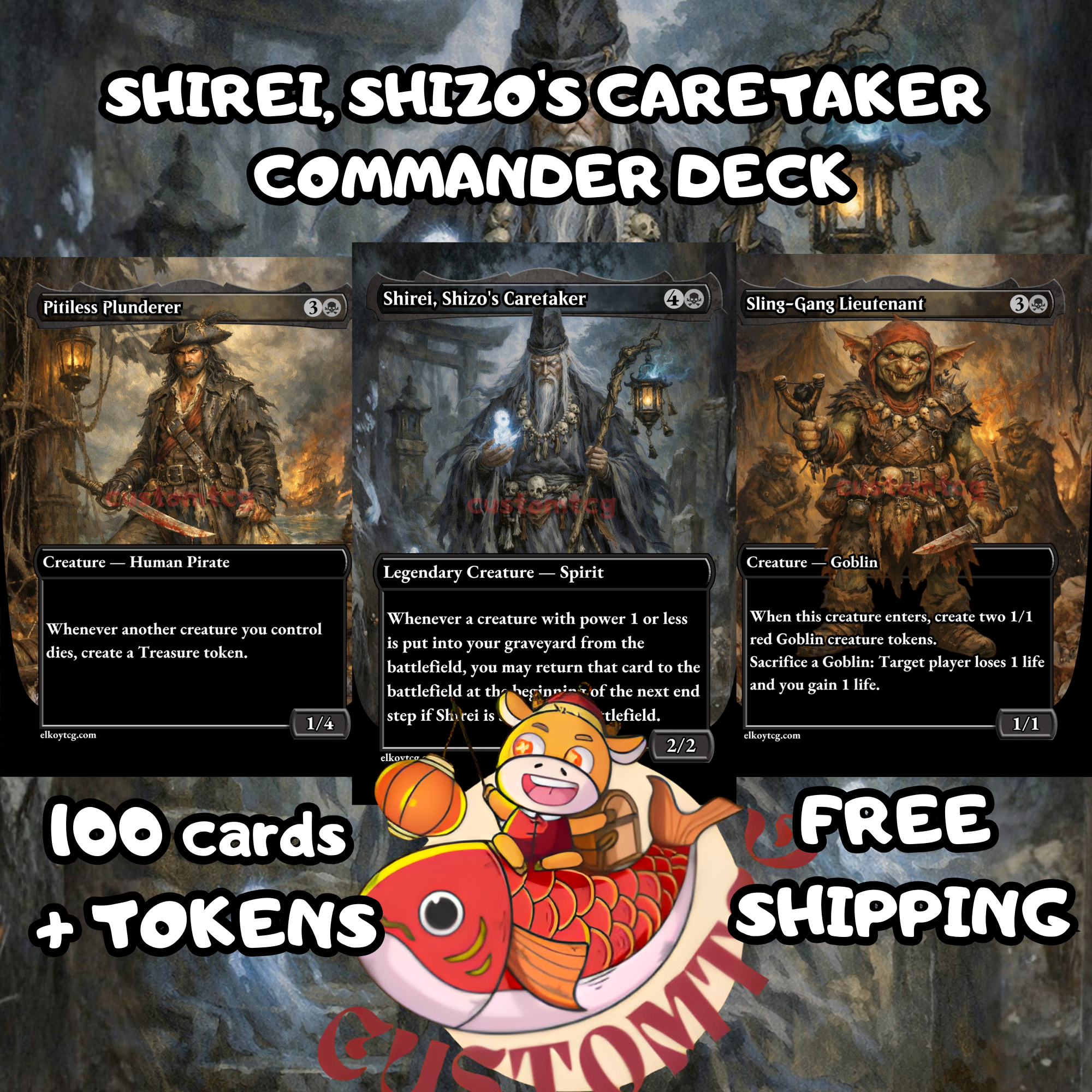 Shirei Shizo's Caretaker Custom Commander Deck – 100 Cards + Tokens | Mono Black Sacrifice | Dark Fantasy Art | Unique Card Designs