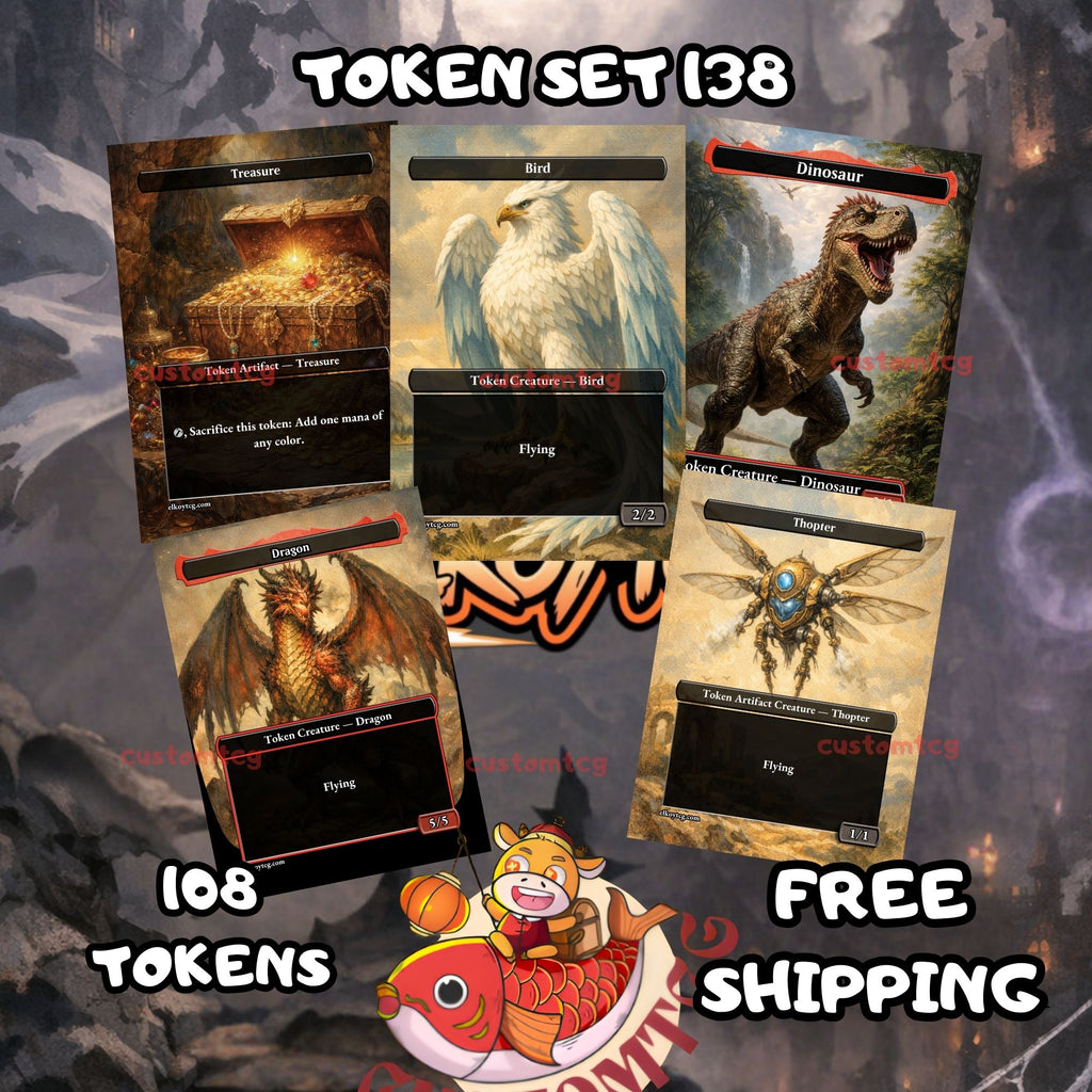 Token Set 138 - 108 Custom MTG Token Cards - Treasure, Bird, Dinosaur, Dragon and Thopter
