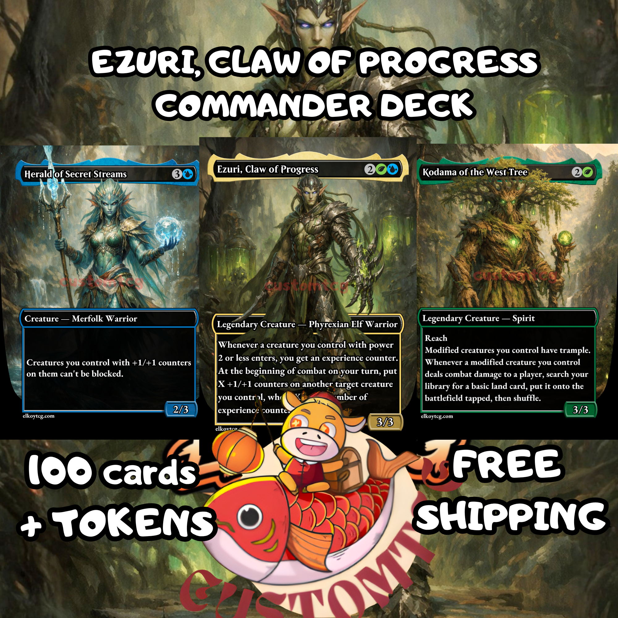 Ezuri Claw of Progress Commander Deck | 100 Custom Cards + Tokens | Fantasy Art | +1/+1 Counter Infect Simic Green Blue Deck