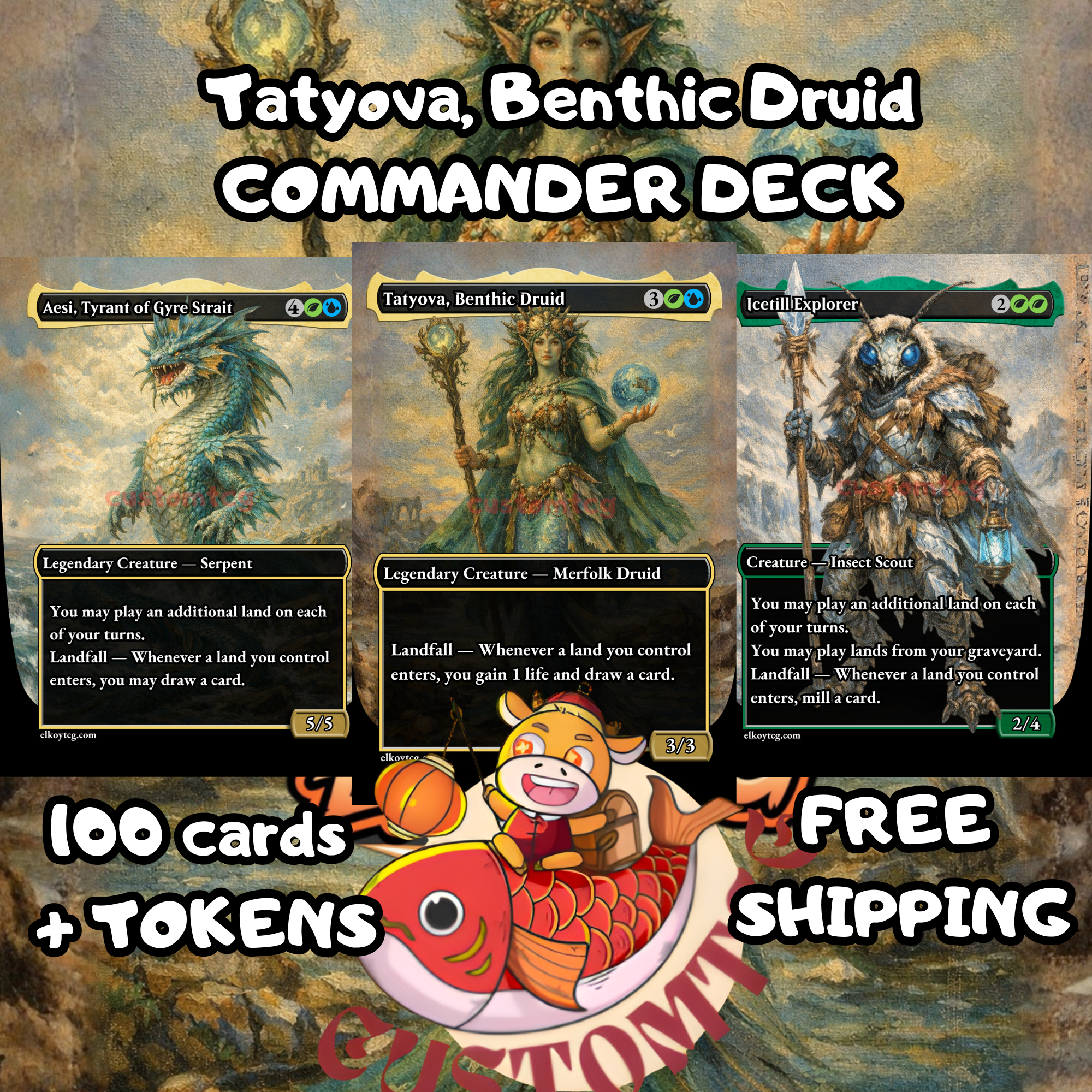 Tatyova, Benthic Druid Custom Commander Deck — Lands and Card Draw | Simic | Fantasy Art Proxy Deck