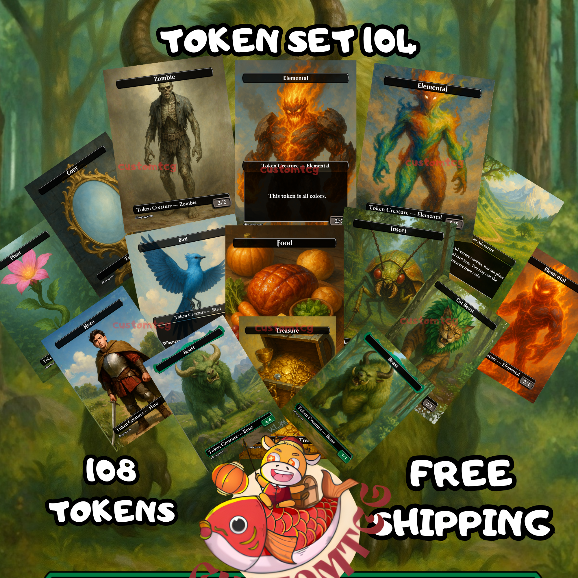 Token Set 104 — 108 Tokens for MTG (Poison Counter / Scarecrow / Snake / Insect / Elf Warrior / Treasure)
