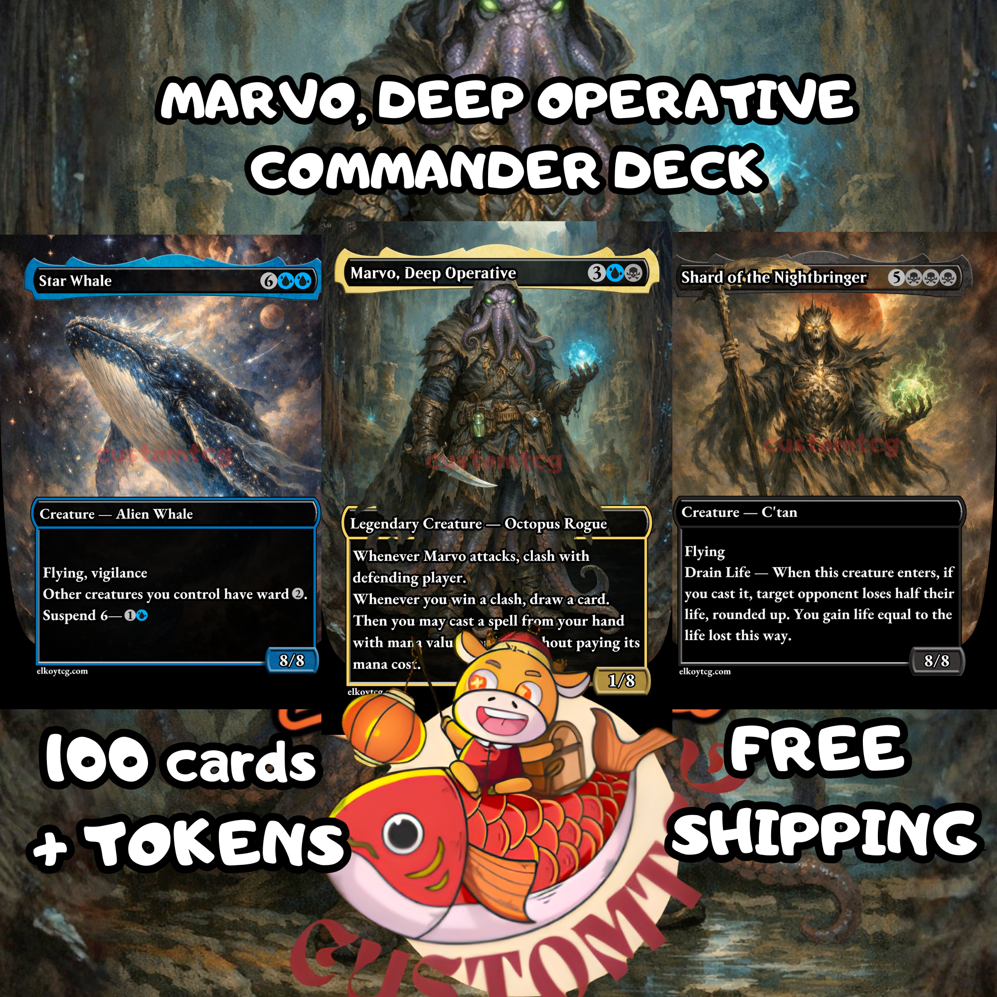 Marvo, Deep Operative Commander Deck – 100 Custom Cards + Tokens | Clash & Copy | Extra Turns | Eldritch Fantasy Art | Free Shipping