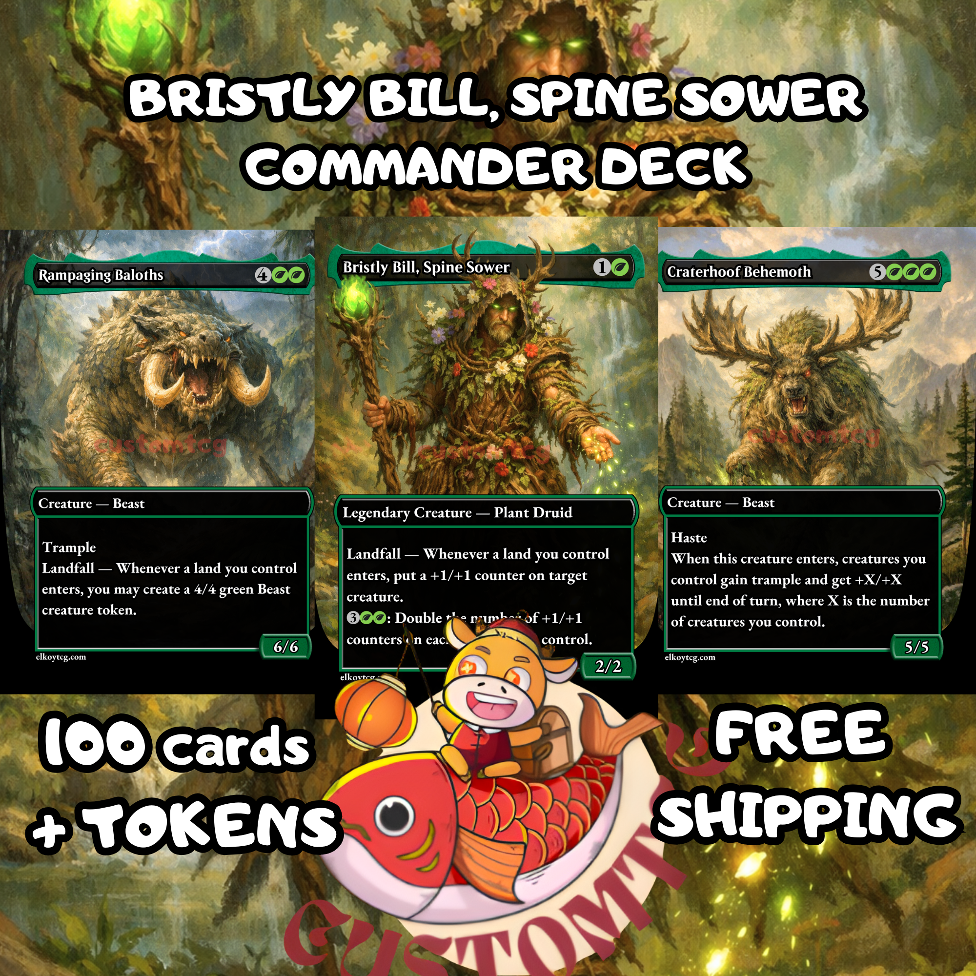 Bristly Bill Spine Sower Commander Deck | 100 Custom Cards + Tokens | Fantasy Forest Art | +1/+1 Counter Landfall Green Deck
