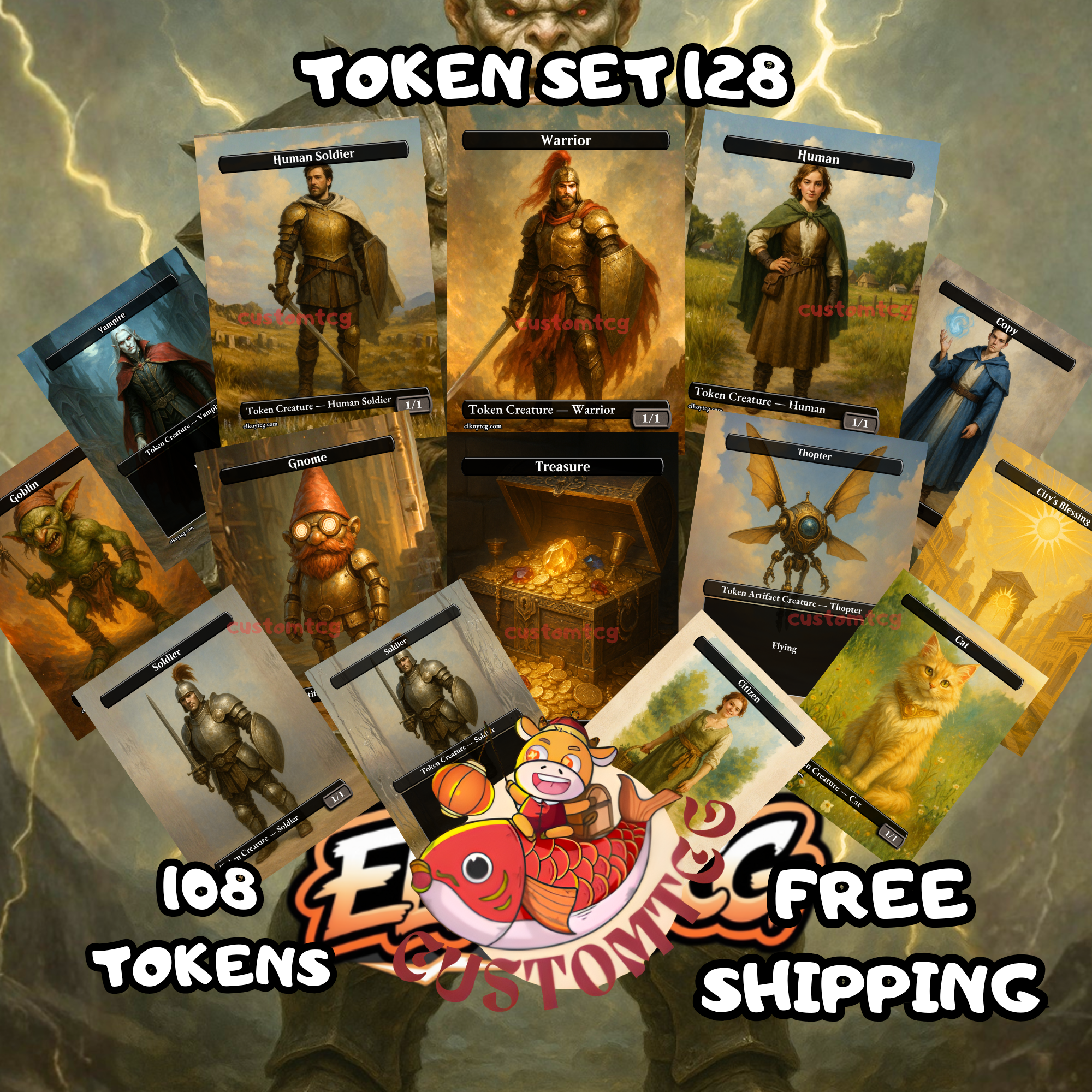 Token Set 128 – 108 Tokens (Treasure, Human Soldier, Warrior, Vampire, Goblin, Thopter, Cat)