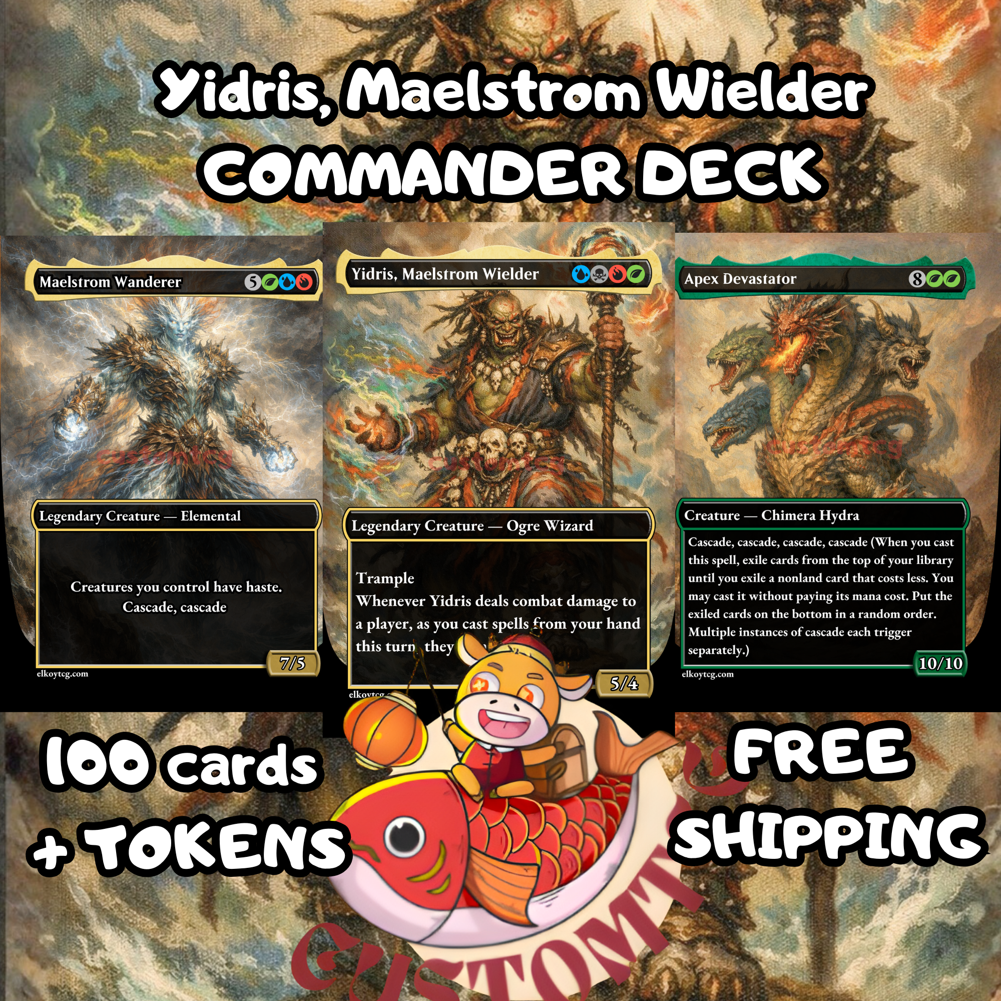 Yidris, Maelstrom Wielder Custom Commander Deck — Cascade Chaos | 4-Color | Fantasy Art Proxy Deck
