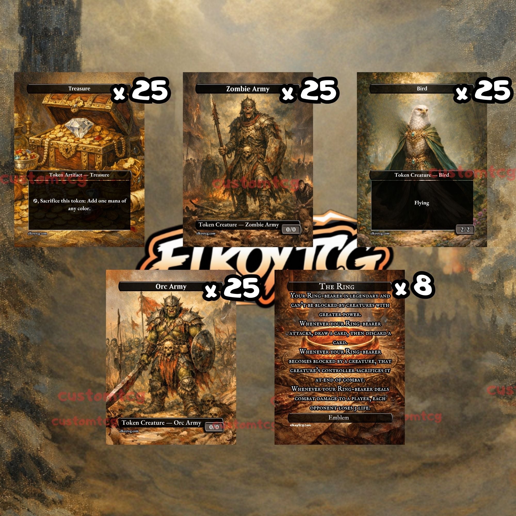 Token Set 142 - 108 Custom MTG Token Cards - Treasure, Zombie Army, Bird, Orc Army and The Ring