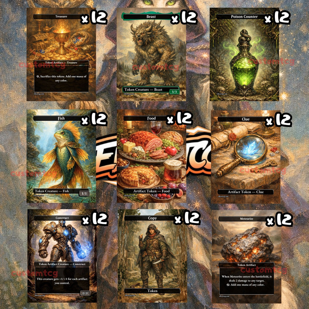 Token Set 141 - 108 Custom MTG Token Cards - Treasure, Beast, Poison Counter, Fish, Food, Clue, Construct, Copy and Meteorite