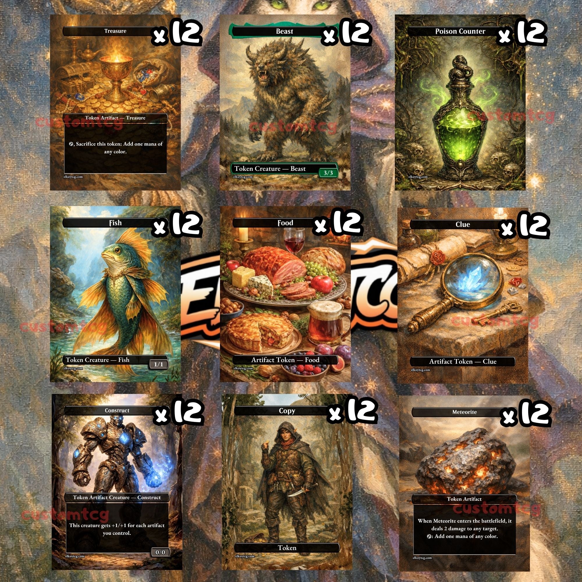 Token Set 141 - 108 Custom MTG Token Cards - Treasure, Beast, Poison Counter, Fish, Food, Clue, Construct, Copy and Meteorite