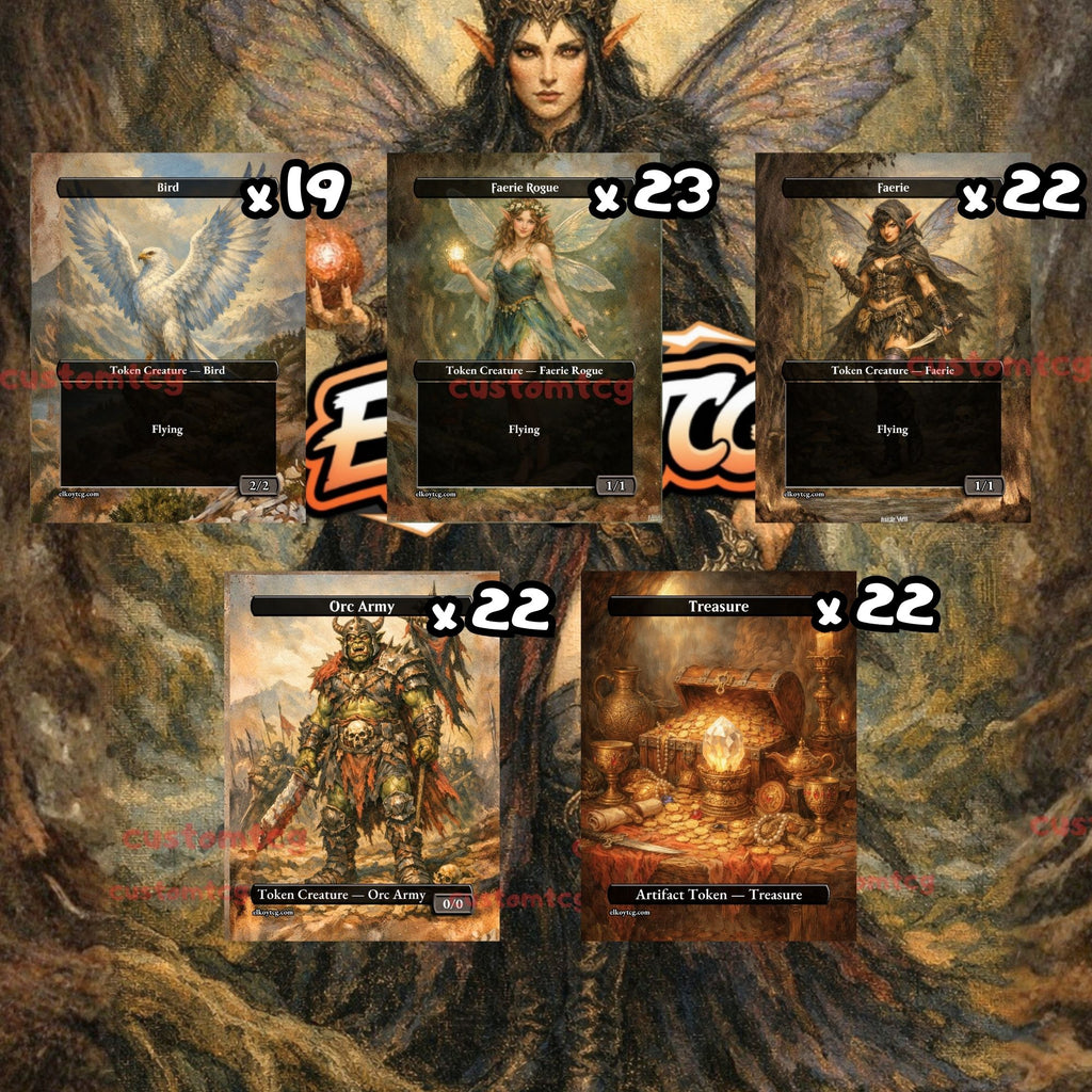 Token Set 140 - 108 Custom MTG Token Cards - Bird, Faerie Rogue, Faerie, Orc Army and Treasure
