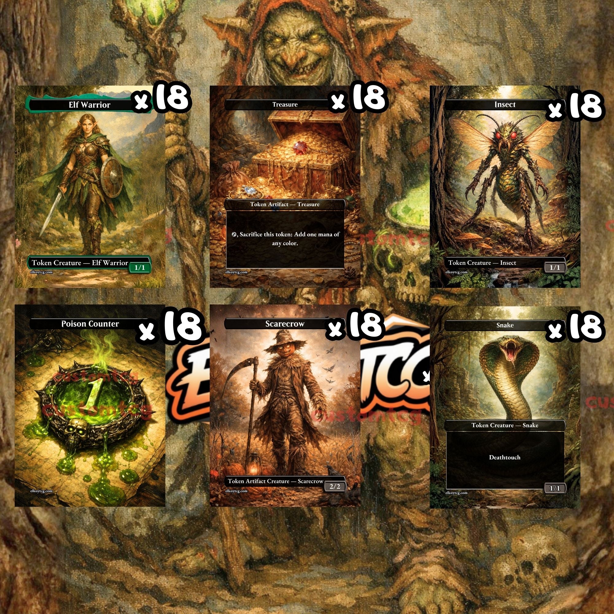 Token Set 133 - 108 Custom MTG Token Cards - Elf Warrior, Treasure, Insect, Poison Counter, Scarecrow and Snake
