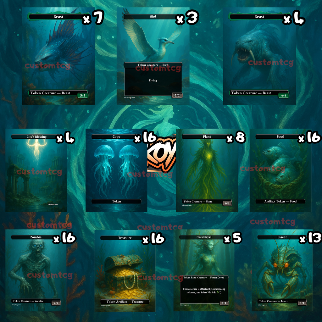 Token Set 02 – 108 MTG Tokens (Underwater Theme: Beasts, Zombies, Food, Treasure & More)