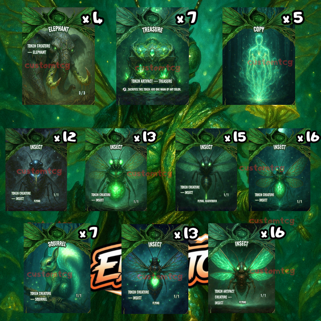 Token Set 01 – 108 MTG Tokens (Insects Swarm, Treasure, Copy, Squirrel, Elephant)