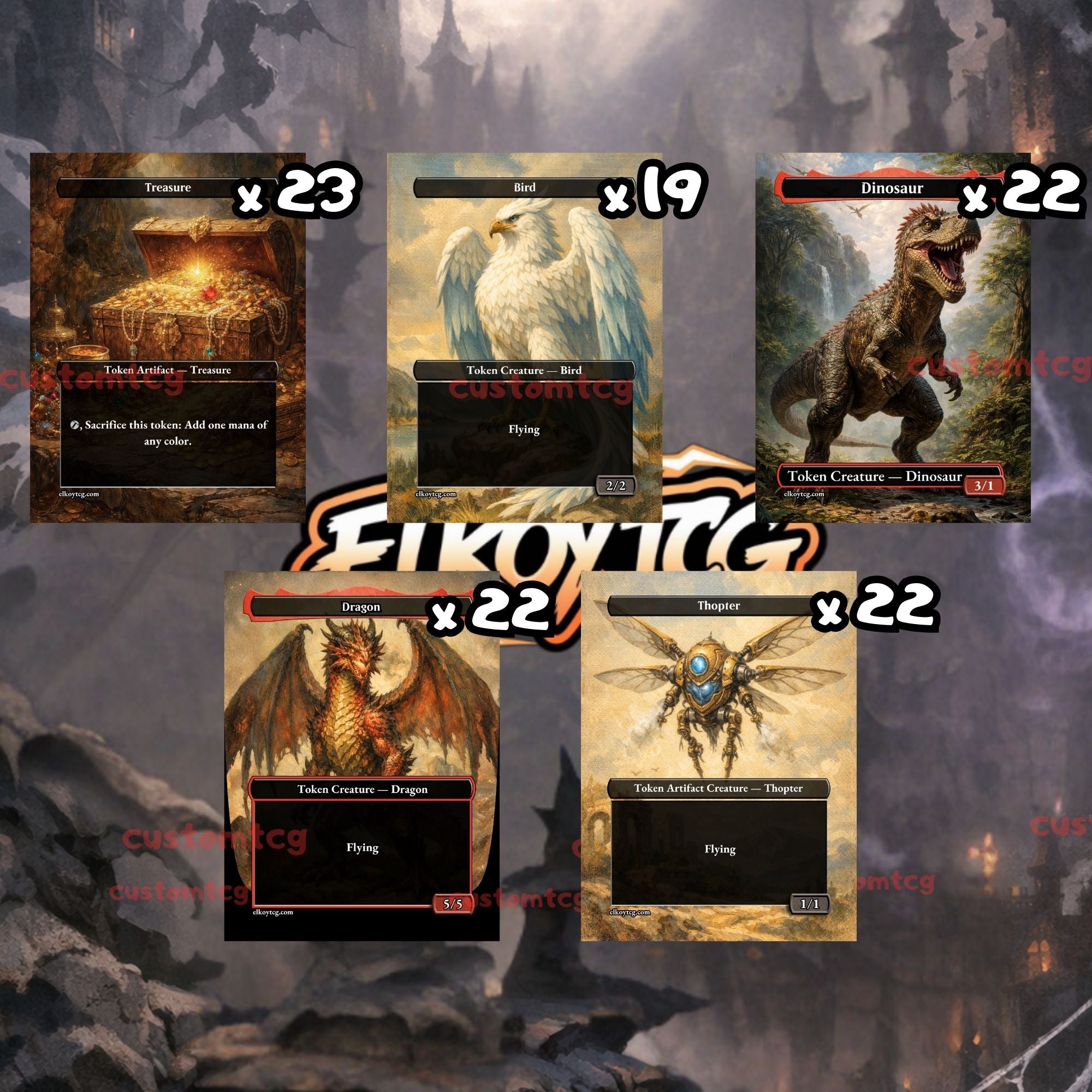 Token Set 138 - 108 Custom MTG Token Cards - Treasure, Bird, Dinosaur, Dragon and Thopter