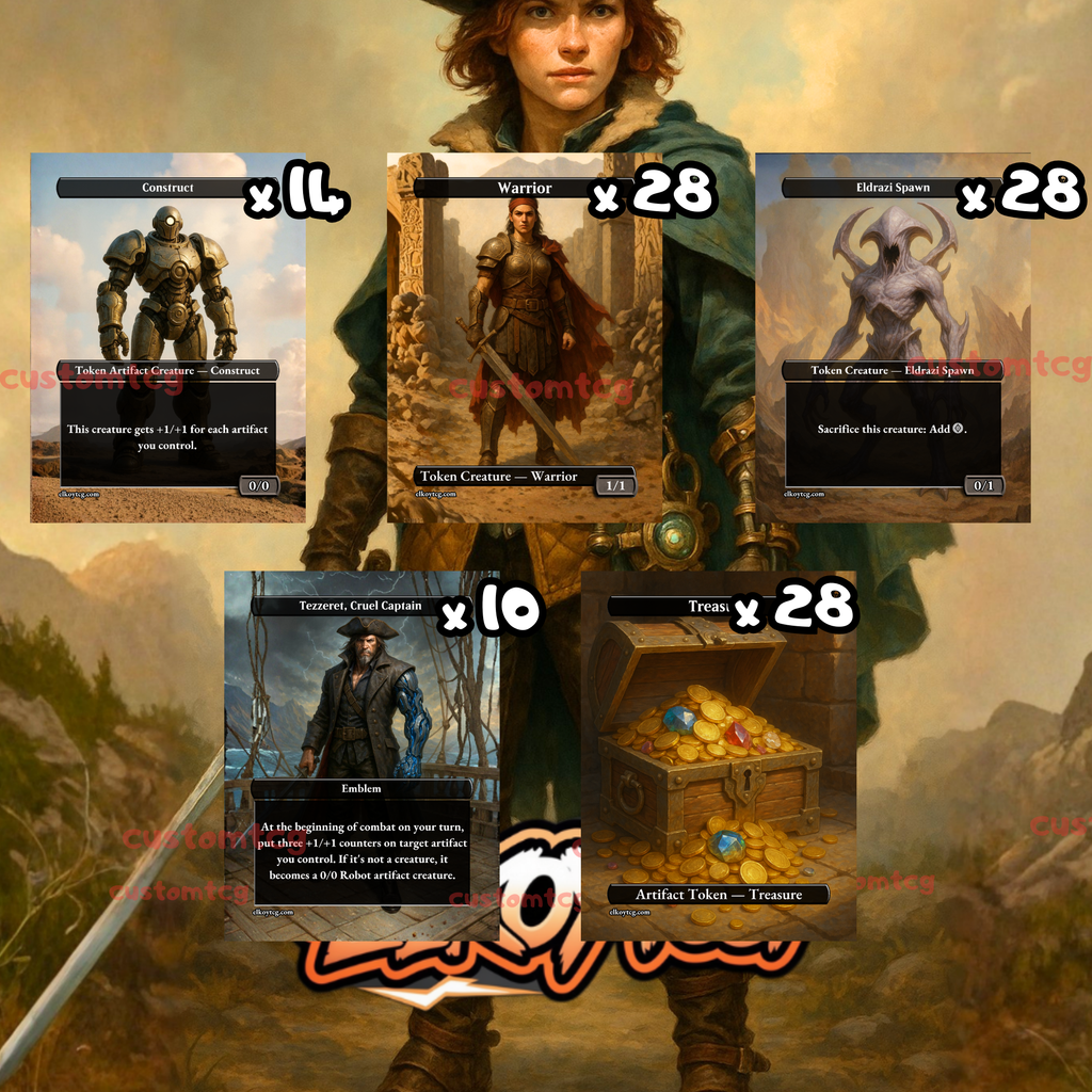 Token Set 79 – 108 Tokens for MTG  (Warrior, Eldrazi Spawn, Treasure, Construct, Tezzeret Emblem)