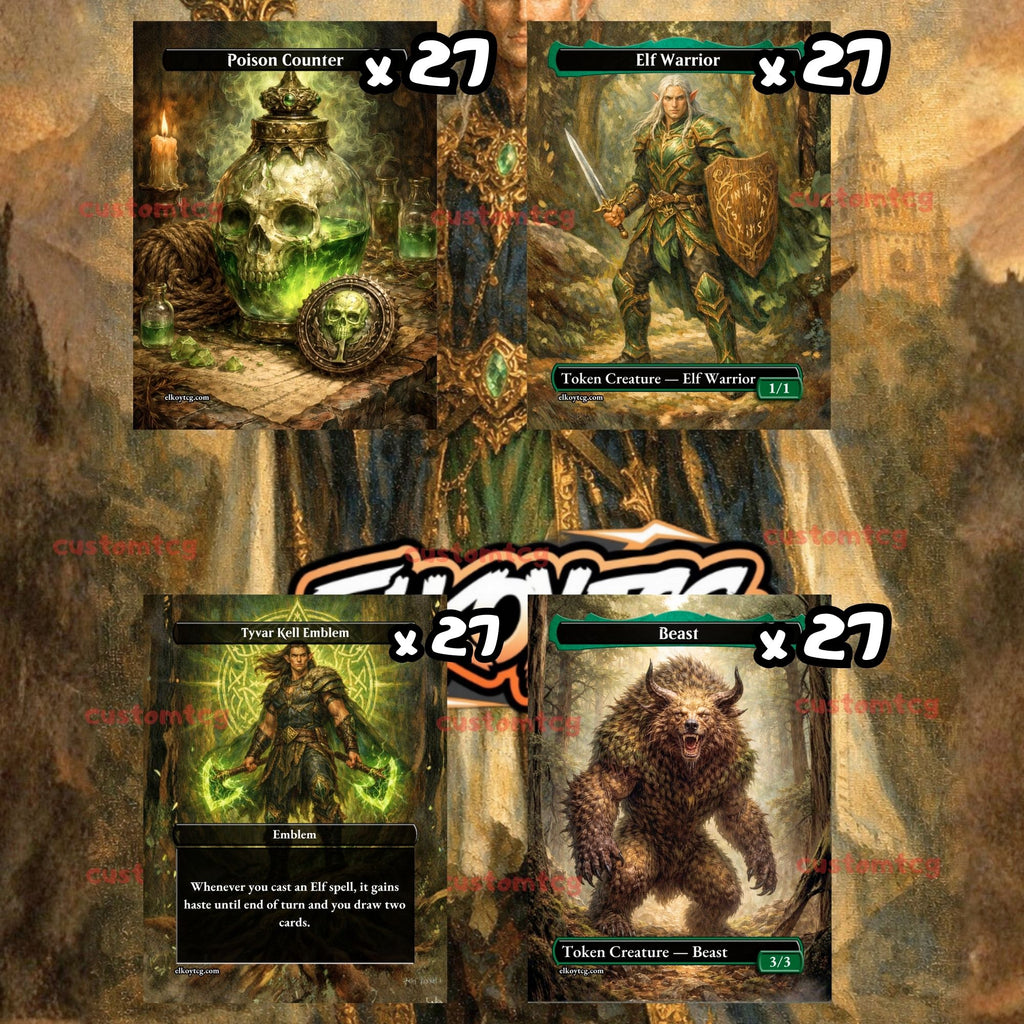 Token Set 139 - 108 Custom MTG Token Cards - Poison Counter, Elf Warrior, Tyvar Kell Emblem and Beast