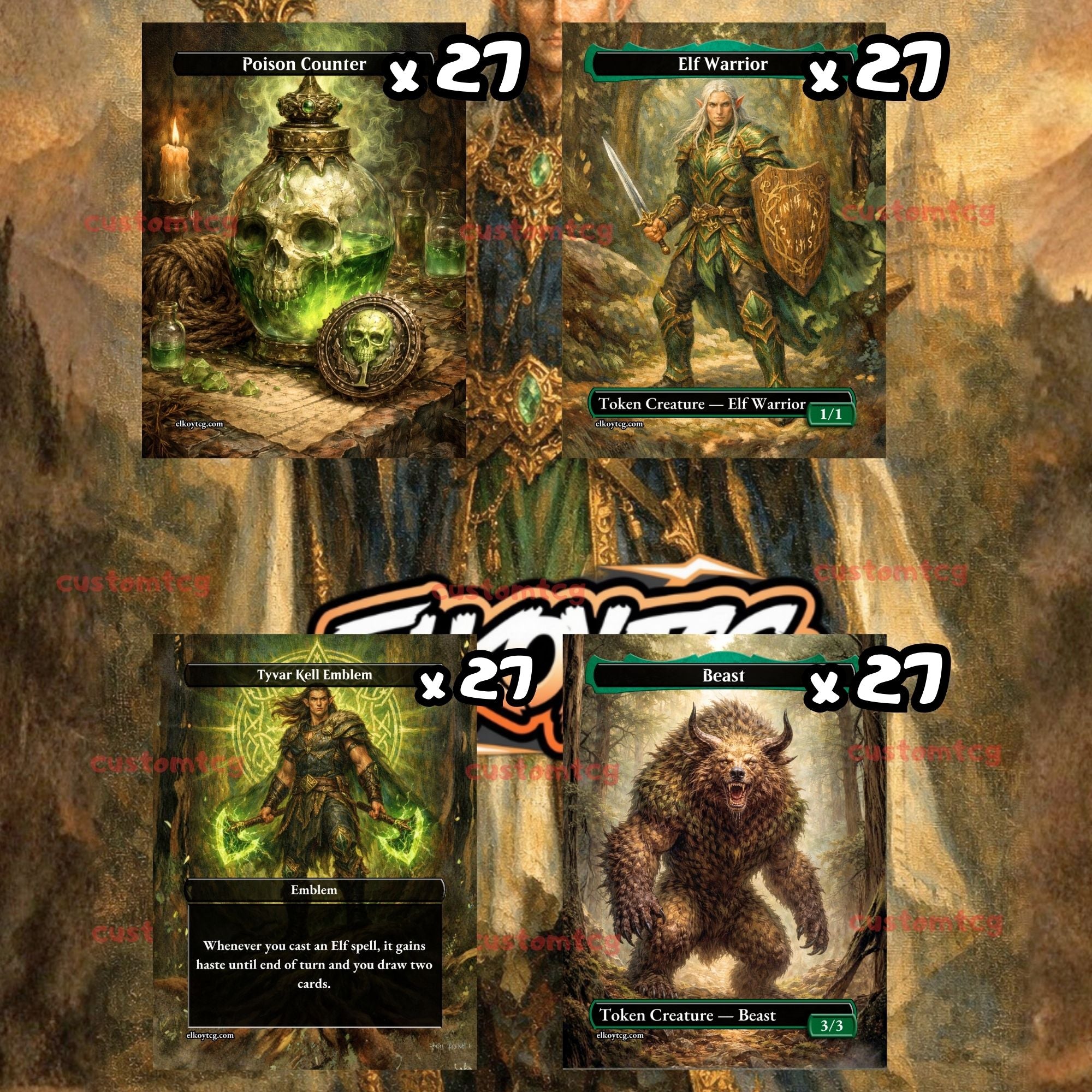 Token Set 139 - 108 Custom MTG Token Cards - Poison Counter, Elf Warrior, Tyvar Kell Emblem and Beast