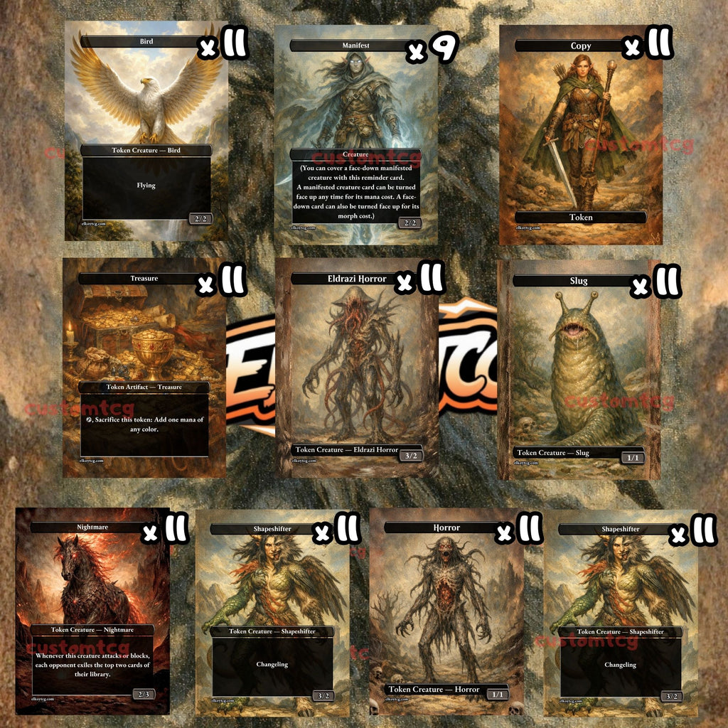 Token Set 145 - 108 Custom MTG Token Cards - Bird, Manifest, Copy, Treasure, Eldrazi Horror, Slug, Nightmare, Shapeshifter and Horror