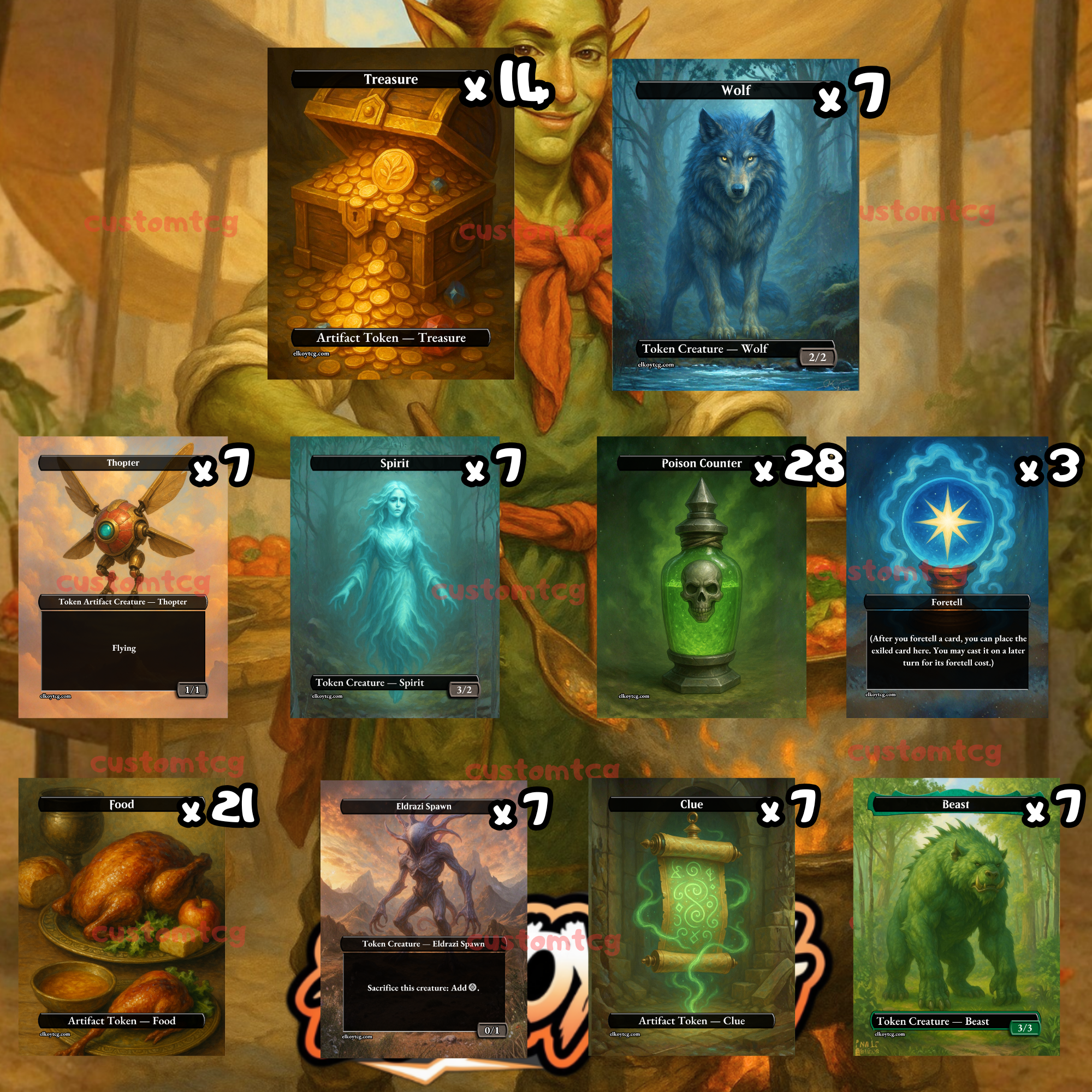Token Set 77 – 108 MTG Tokens (Poison, Food, Treasure, Clue, Wolf, Spirit & More)