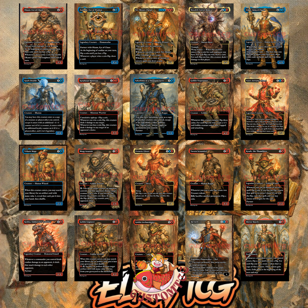 Okaun & Zndrsplt Custom Commander Deck — Coin Flip Chaos | Izzet | Fantasy Art Proxy Deck