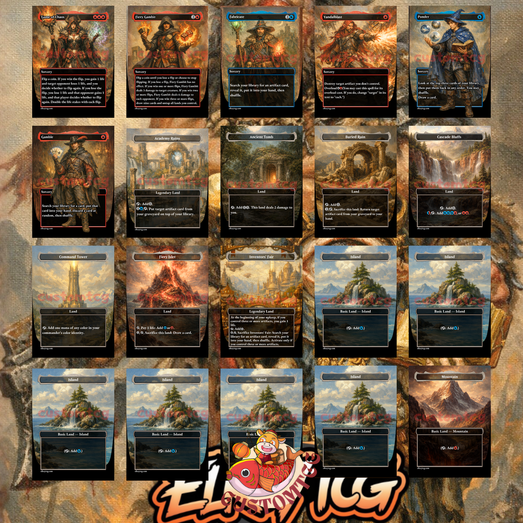 Okaun & Zndrsplt Custom Commander Deck — Coin Flip Chaos | Izzet | Fantasy Art Proxy Deck